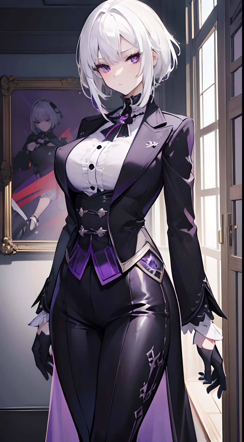 (masterpiece, best quality:1.2), illustration, 8k, hd, 1girl, solo, (((white hair, purple eyes,))) black coat, large breasts, black pants, short hair, indoors, arle suit, serious expression, tall, mature, elegant, black gloves