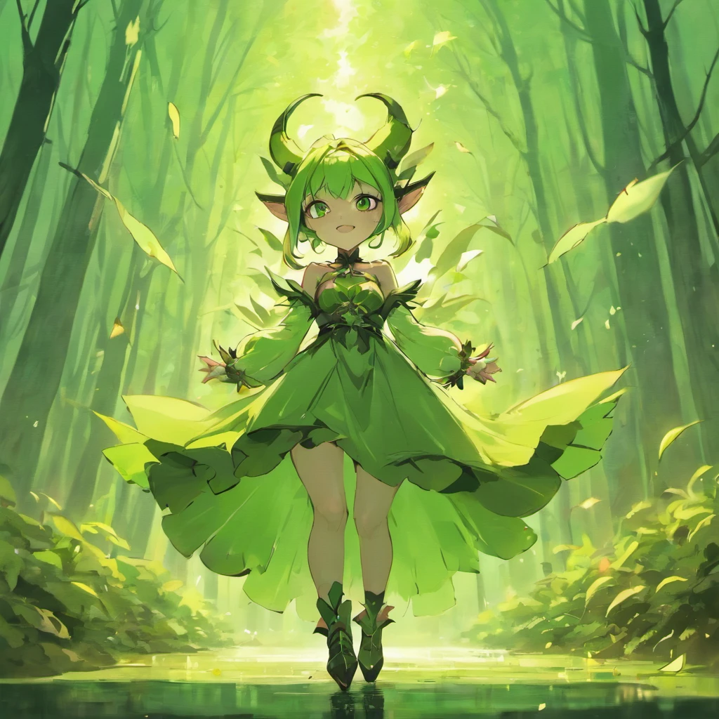 Gorgeous goblin girl with green skin big pointy ears and captivating smile. Wears a dress that clings to her voluptuous feminine body and black boots. She explores a whimsical swamp on a golden lit autumn day