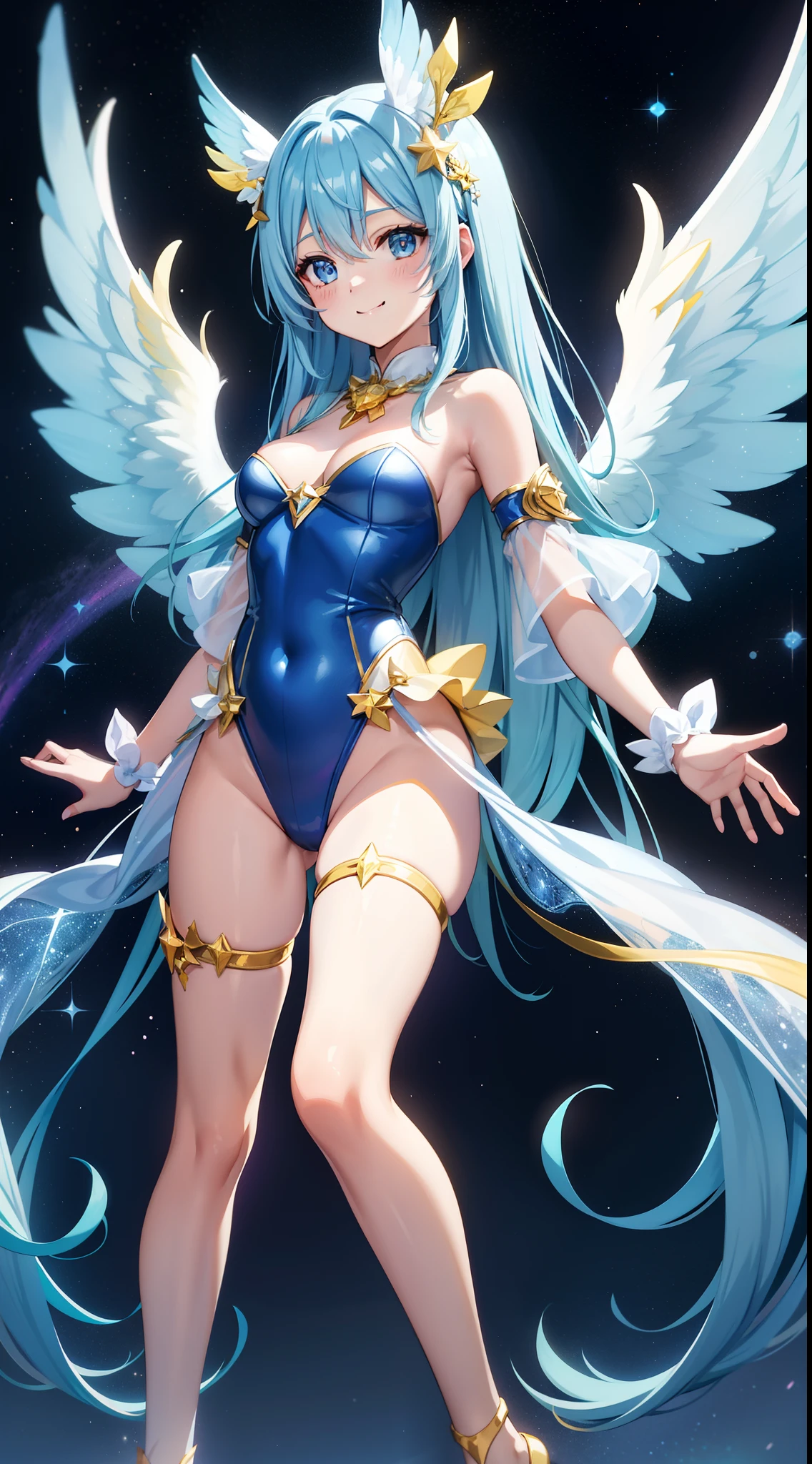 Super Idol a beauty girl A charming smile sky blue hair length hair Twin-tailed Glittery bright white and yellow-yellow leotard facing front 7 colors of angel large wings on the back Mystical Fantasia constellation a moon Crystal Brilliance Aurora Borealis in the Night Sky