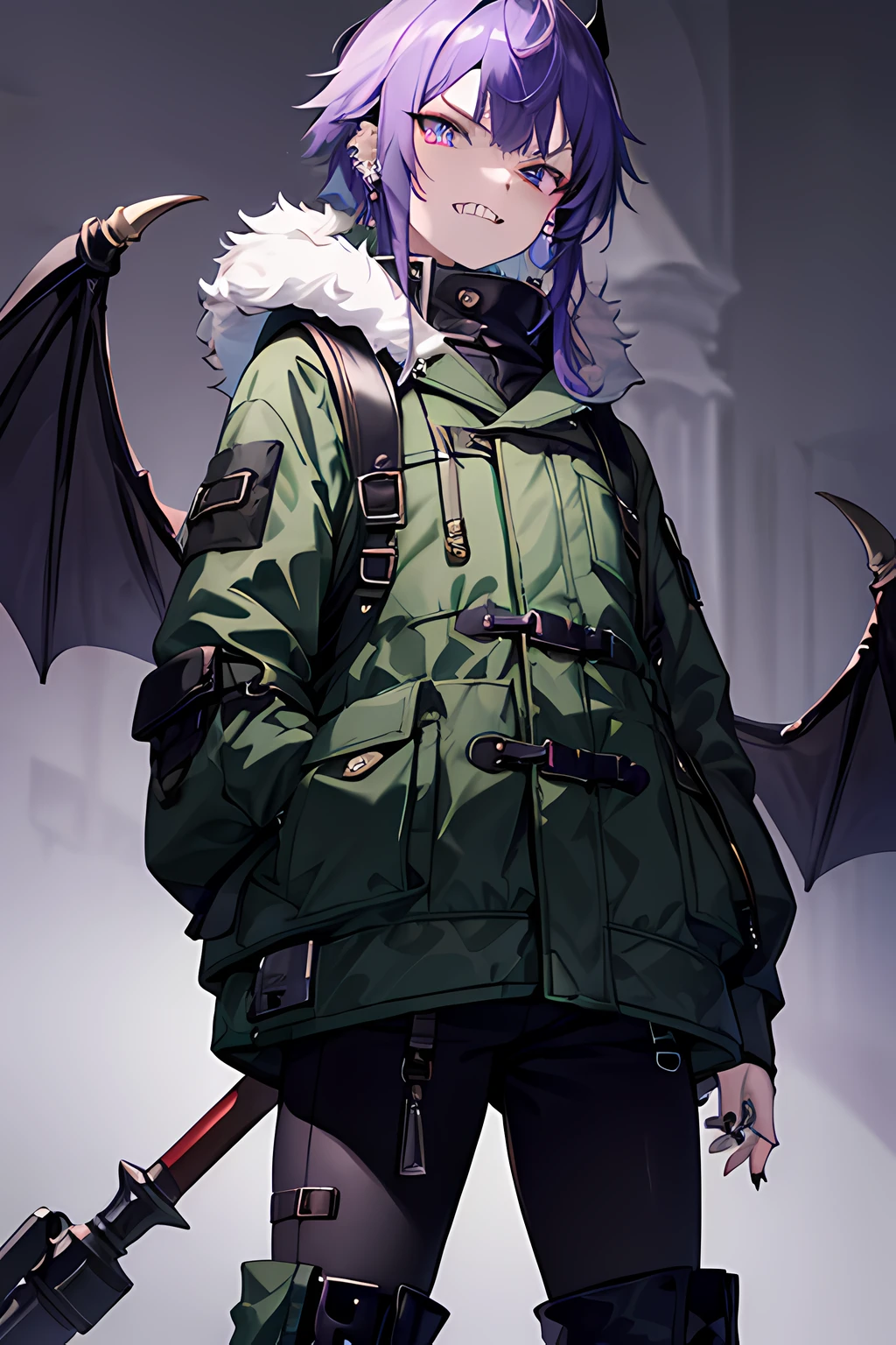 1guy, purple hair, grey ushanka, dark green down jacket, big black boots, sharp teeth, smug, big black backpack, small bat wings with piercings