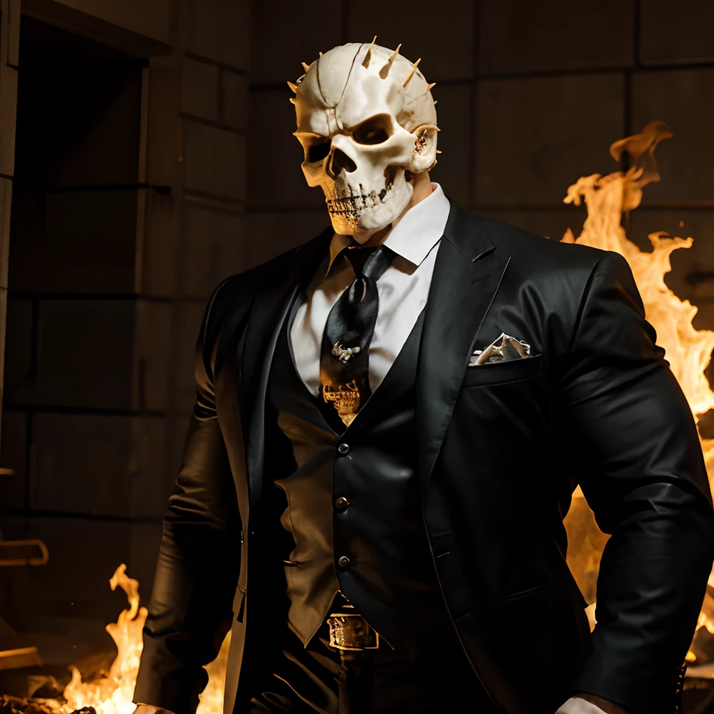 Ghost rider , muscled with huge pecs , hugge torso , huge arms , with a skull head like with fire , in suit with a tie ans spikes