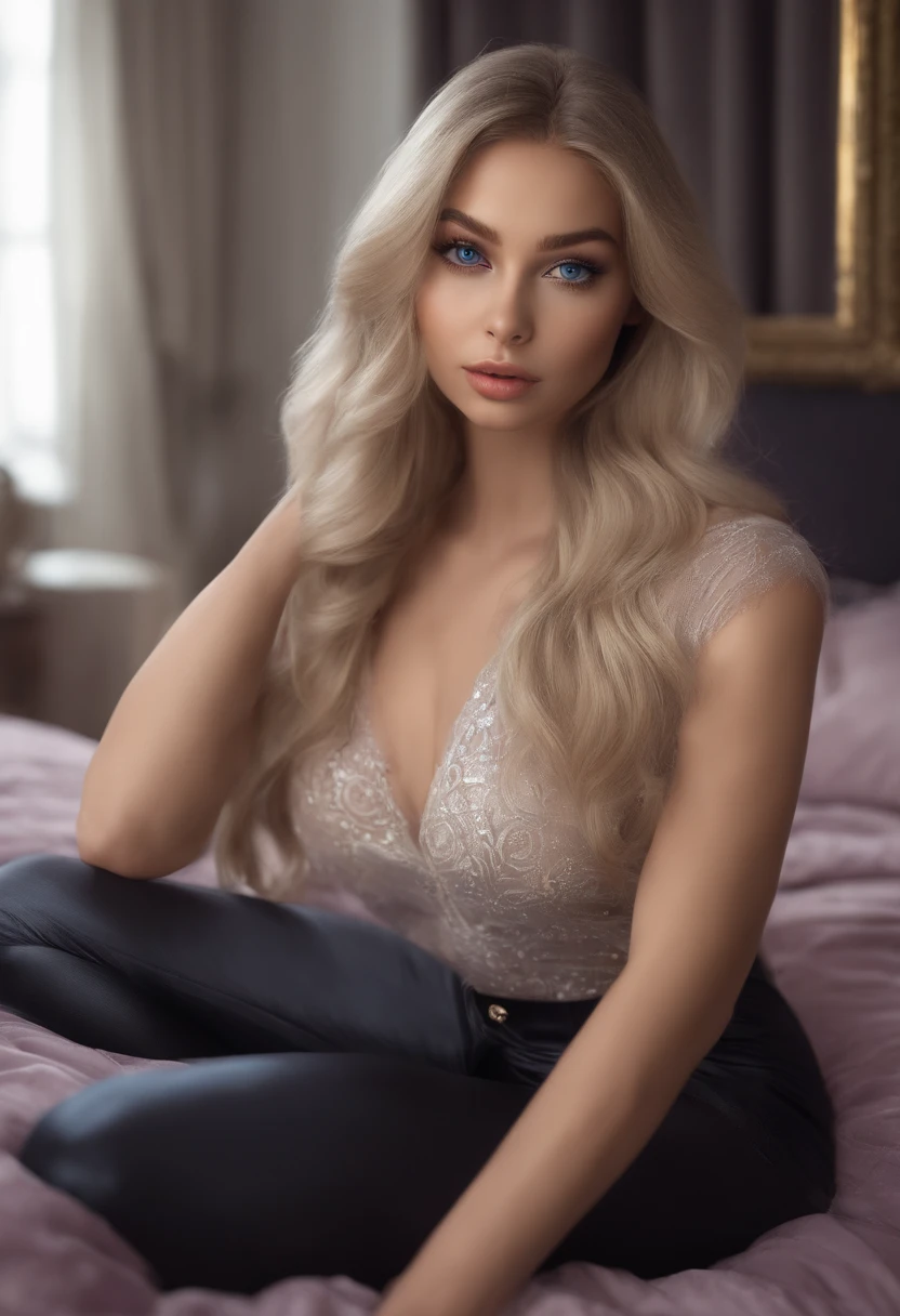 arafed woman fully , sexy girl with blue eyes, ultra realistic, meticulously detailed, portrait sophie mudd, blonde hair and large eyes, selfie of a young woman, disco eyes, violet myers, without makeup, natural makeup, looking directly at the camera, face with artgram, subtle makeup, stunning full body shot kneeling on bed, in club, large size bust Best Free AI Art Generator Without Login