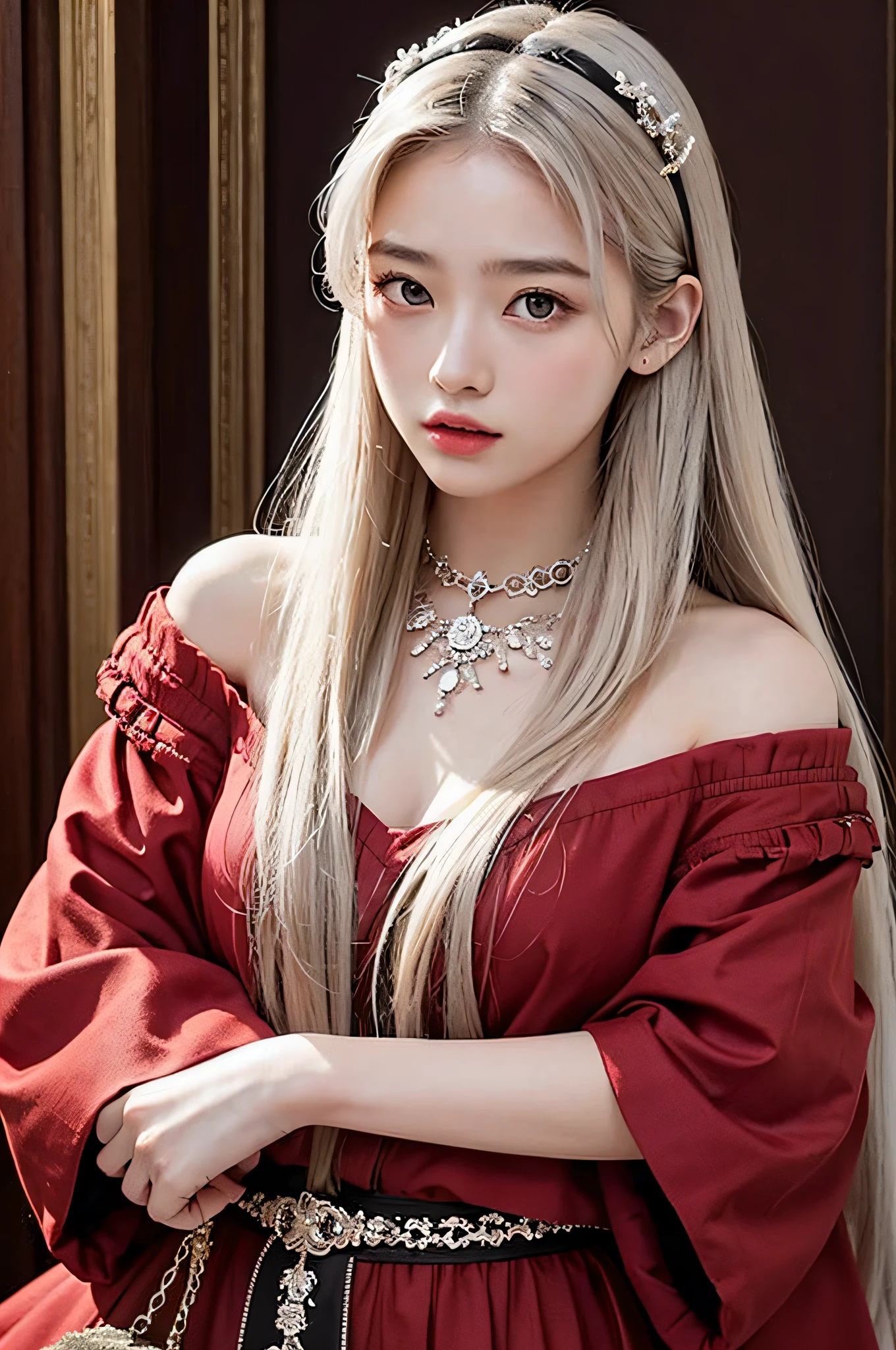 (​masterpiece、top-quality、top-quality、Beautifully Aesthetic:1.2)、(1girl in:1.3)、(Fractal art:1.3)、absurderes、​masterpiece、top-quality、realisitic、ultra-detailliert、(shinny skin)、Look at viewers、A slender、1girl in、独奏、stright long hair、Princess Cut、red eyes、动态照明、hight resolution、foco nítido、depth of fields、 tiny chest、Vampires、​masterpiece、top-quality、ultra-detailliert、Super detailed face、best quality face、２0 years old、Adults、1girl in、２0 years old、No humans、white  hair、Alchemy costume、Intricate detailed costumes、sexy  pose、Glowing red dress