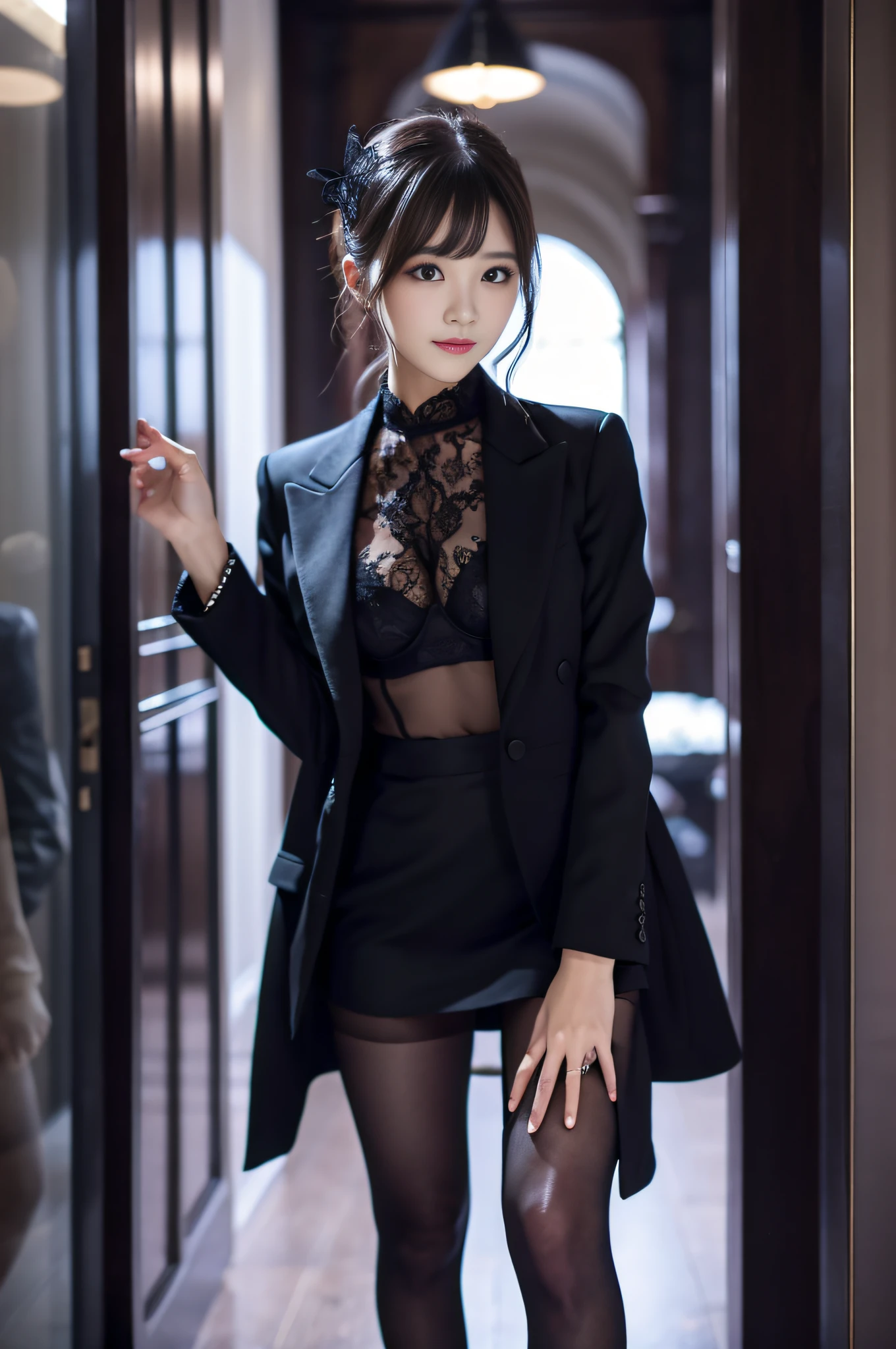 Charming beauties、black pantyhose、Suit jacket、Black tight skirt、beauty legs、Dyed in darkness、lacy fabric
