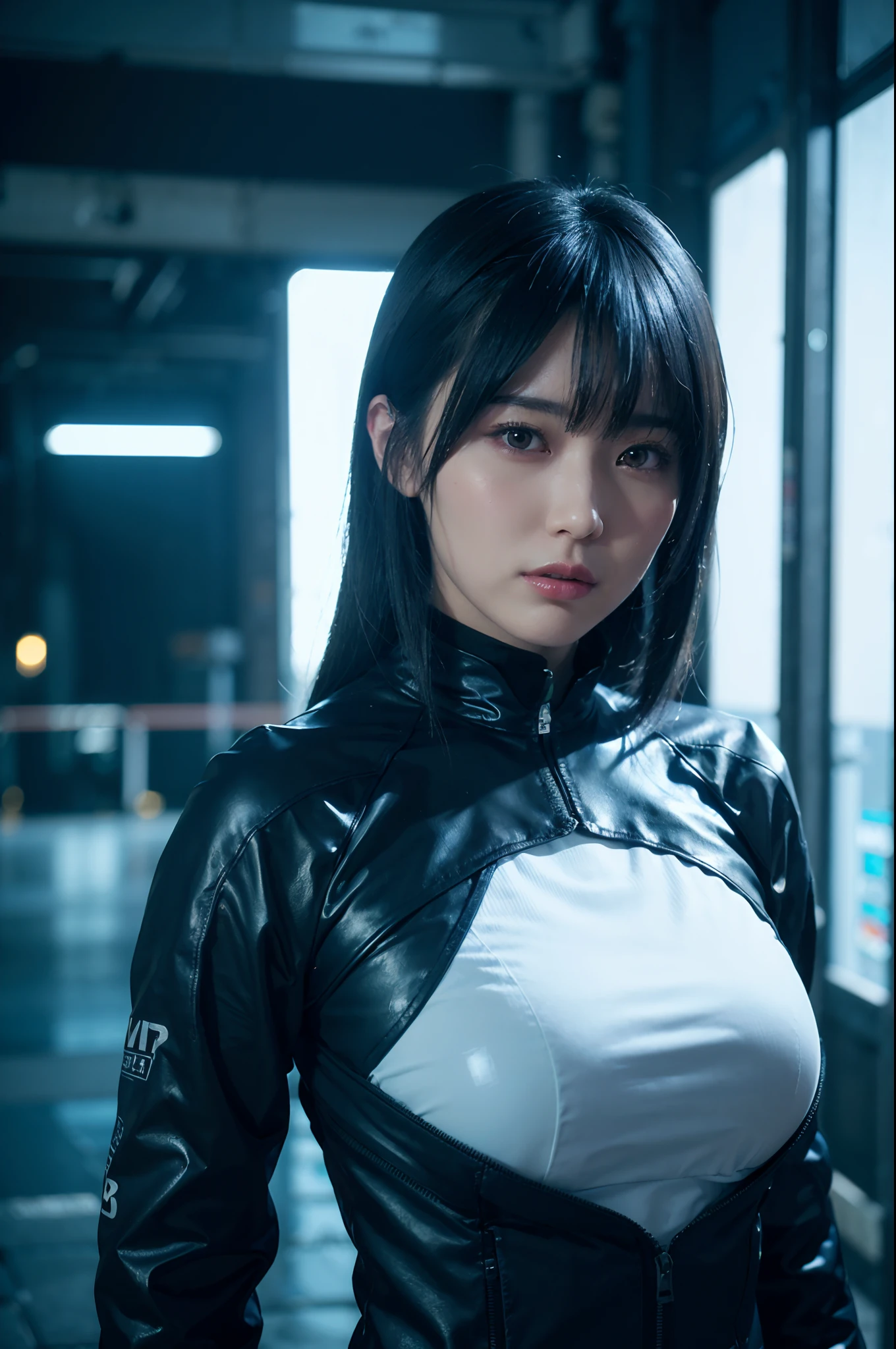 ((top-quality)), ((masterpiece)), (detailliert: 1.4), 。.。.3D, Bruna Marquezin as the image of a beautiful cyberpunk woman, Blue hair color, huge tit, nffsw (High dynamic range), Ray tracing, NVIDIA RTX, Hyper-Resolution, Unreal 5,And the underground is scattered, PBR Texture, Post-processing, Anisotropy Filtering, depth of fields, Maximum clarity and sharpness, Multilayer Texture, Albedo e mapas Speculares, Surface Shading, accurate simulation of light and material interactions, perfectly proportions, octan render, Two-tone lighting, Large aperture, ISO Law, White Balance, 8K gloss, ::Futuristic cyberpunk style, Realistic style, ::n_digital-painting style, neon light