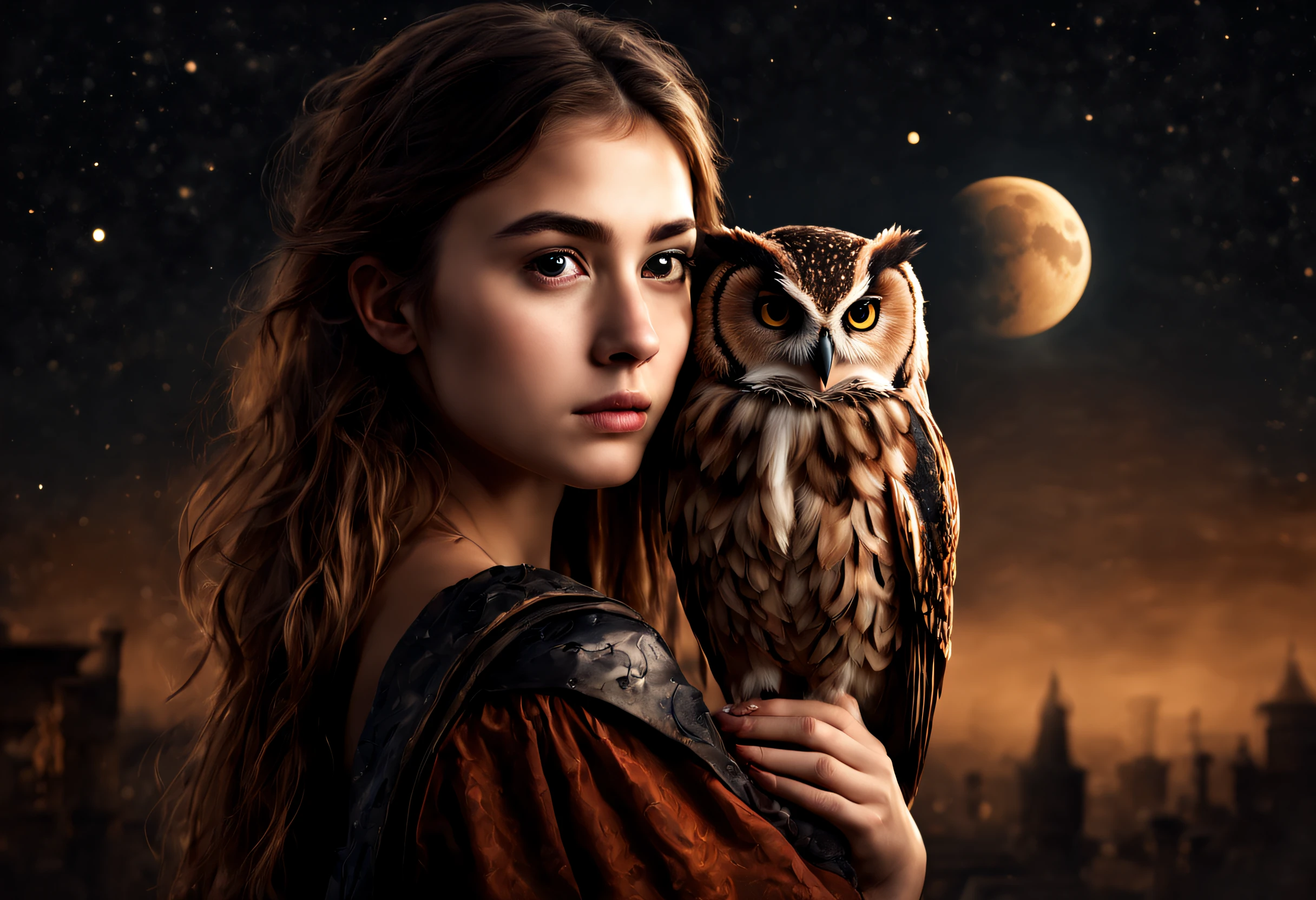 "RAW photo, best, masterpiece, best quality, high quality, extremely detailed, a girl with a rust brown owl with black spots above her shoulder, it is a night with a crescent moon, stars in the sky, cinematic color, scene of a movie, intricate details, best quality, very realistic."