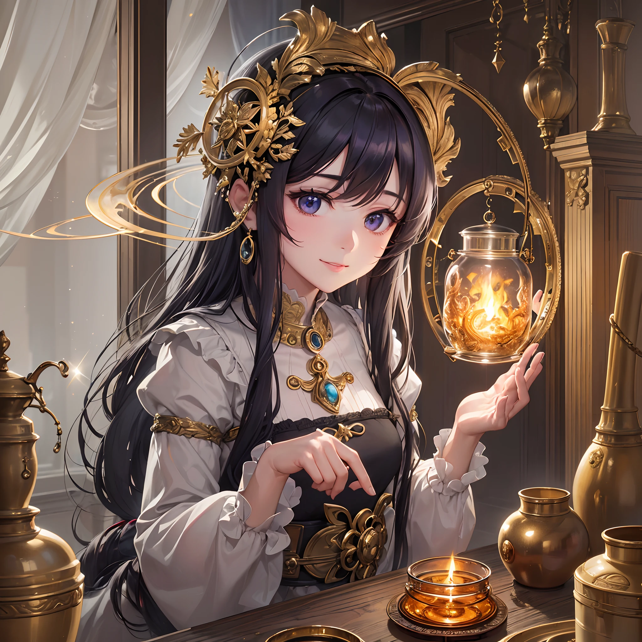 ((Finest quality)),(超A high resolution),(ultra-detailliert),(Meticulous portrayal),((Best CG)),(Finest works of art),Ultra-Precision Art,The art of astounding depiction, (Fire trapped in a jar:1.3),armillary sphere:1.3, (1人の女性:1.5),(the witch),curiosity:1.5:ssmile:1.3,