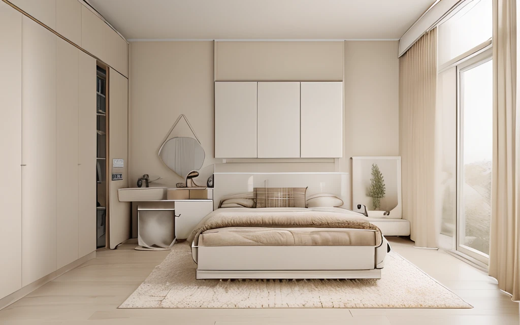 ((bedroom)), natural light, garden view((minimalist style)),((beige bed)), wardrobe, glass door, Render 8k, Raw, Grain, Good quality Best quality, super detailed, DSLR, Fujifilm XT3, Soft Light, super rough