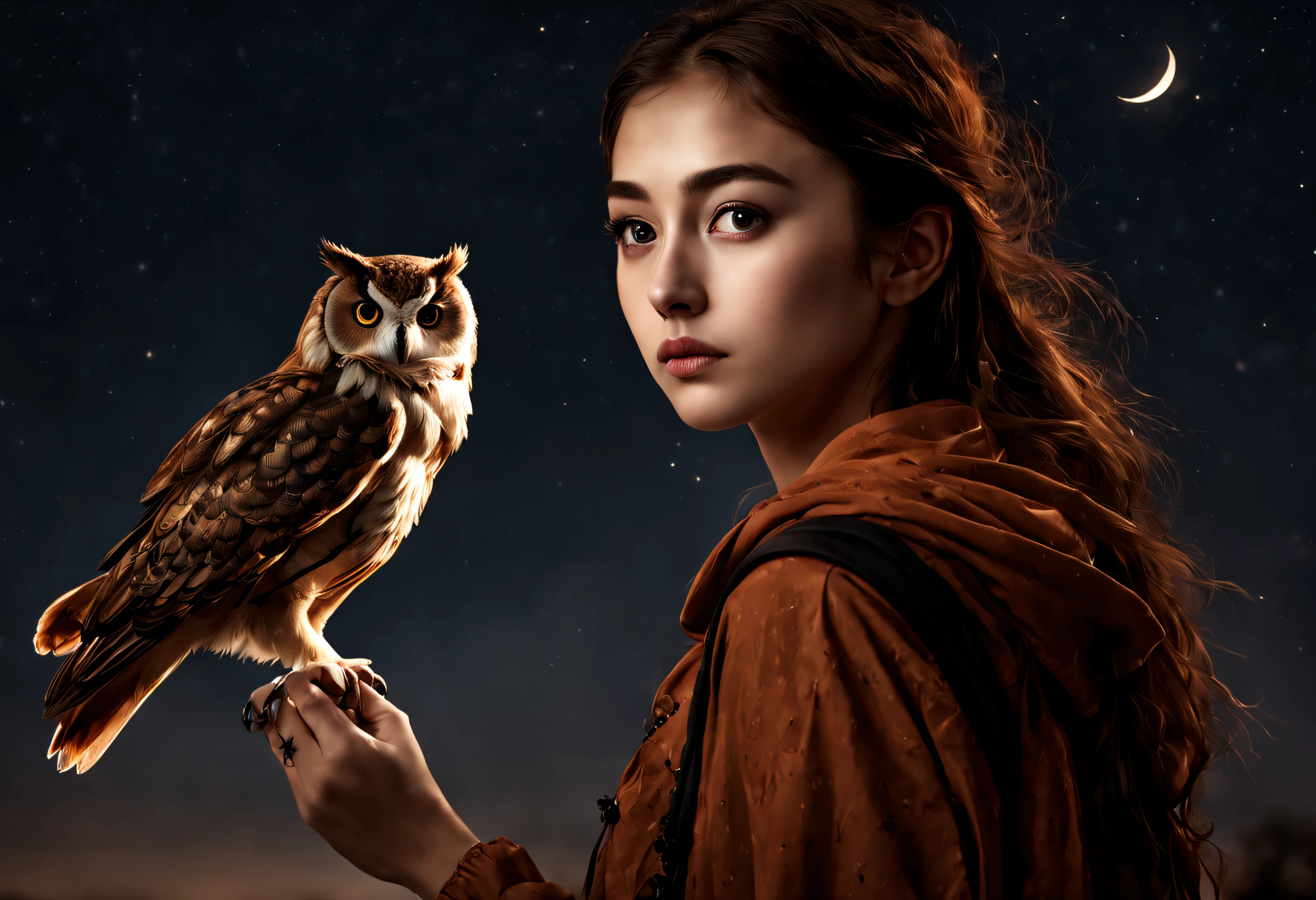 "RAW photo, best, masterpiece, best quality, high quality, extremely detailed, a girl with a rust brown owl with black spots above her shoulder, it is a night with a crescent moon, stars in the sky, cinematic color, scene of a movie, intricate details, best quality, very realistic."