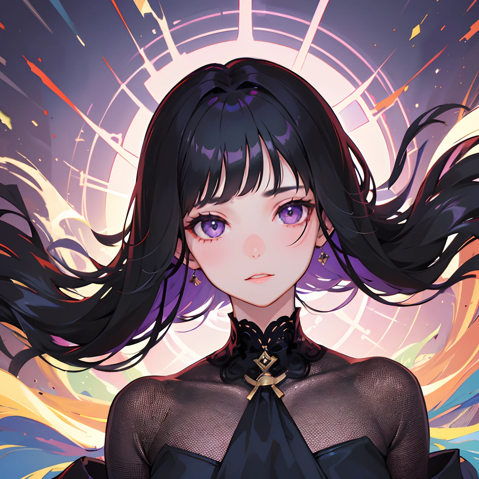 girl with,thin black hair,Purple eyes,close up of face