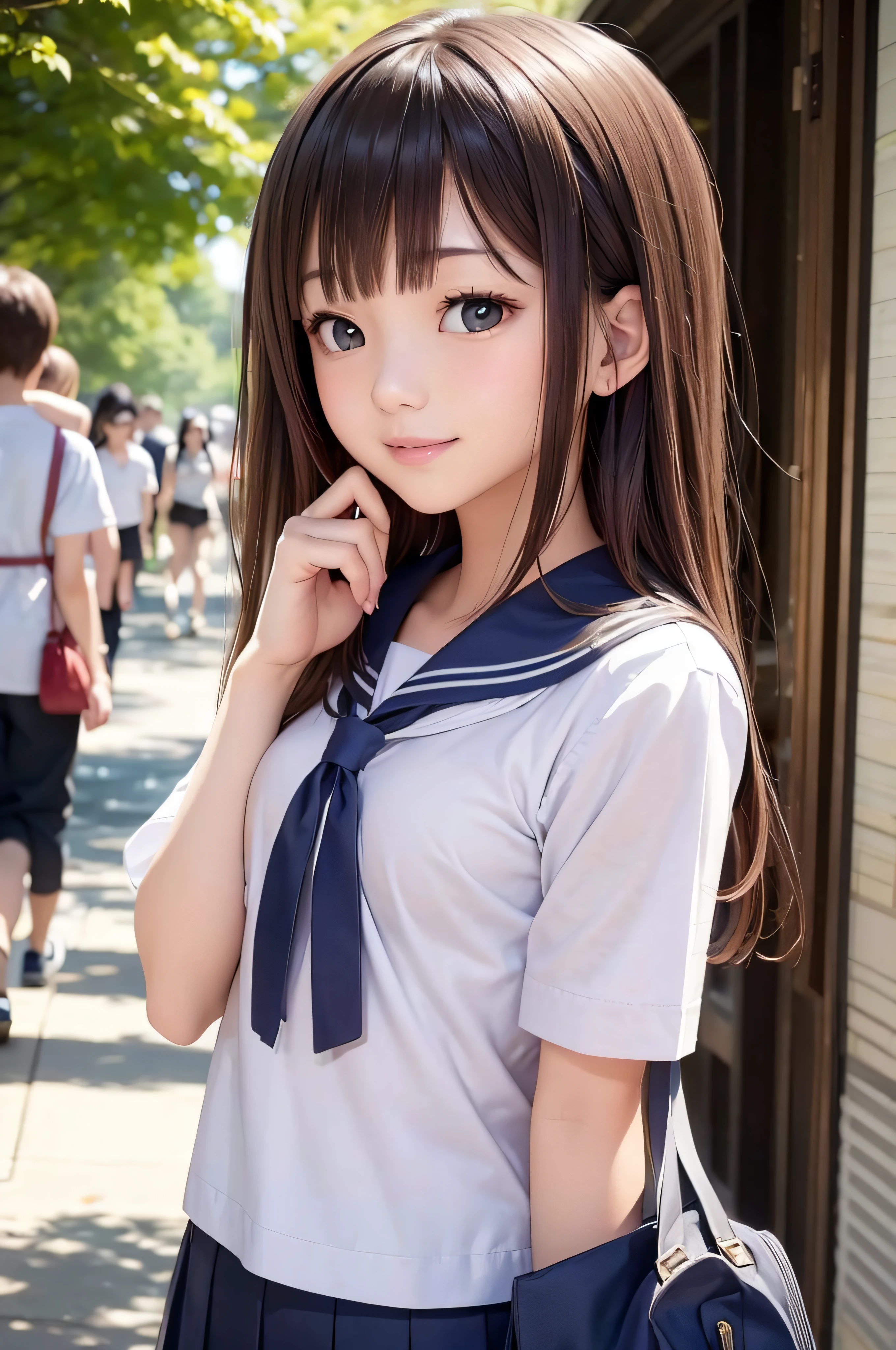 17 age、brown haired、beautidful eyes、real looking skin、hi-school girl、a sailor suit、small tits、(8K、​masterpiece)、(reallistic、Photorealsitic)、top-quality、ighly detailed、The ultra-detailliert、Beautie、cute little、japanes、Idol、a smile、Close-up portrait、Healthy face