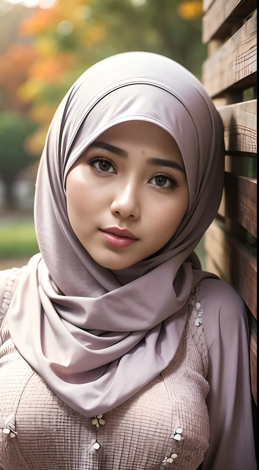 1 malay girl , modern plain hijab,  shy, medium portrait shot , watery  eyes ,lip watery, lip glossy, open mounth, bad face, ((big breast)),(full body) , (wear in an autumn outfit  ) , flower garden background, bokeh background, proportional body,