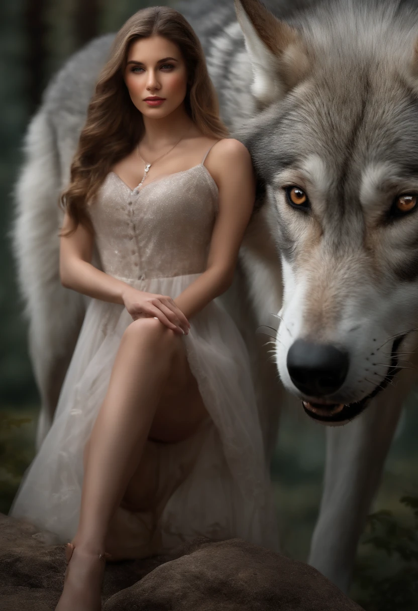 A huge wild gray wolf guards a beautiful girl
(Masterpiece: 1.5) (Photorealistic: 1.1) (bokeh) (Best Quality) (detail skin texture, pores, hairsh: 1.1) (Intricate) (8K) (HDR) (wallpapers) (Cinematic lighting) (sharp-focus )