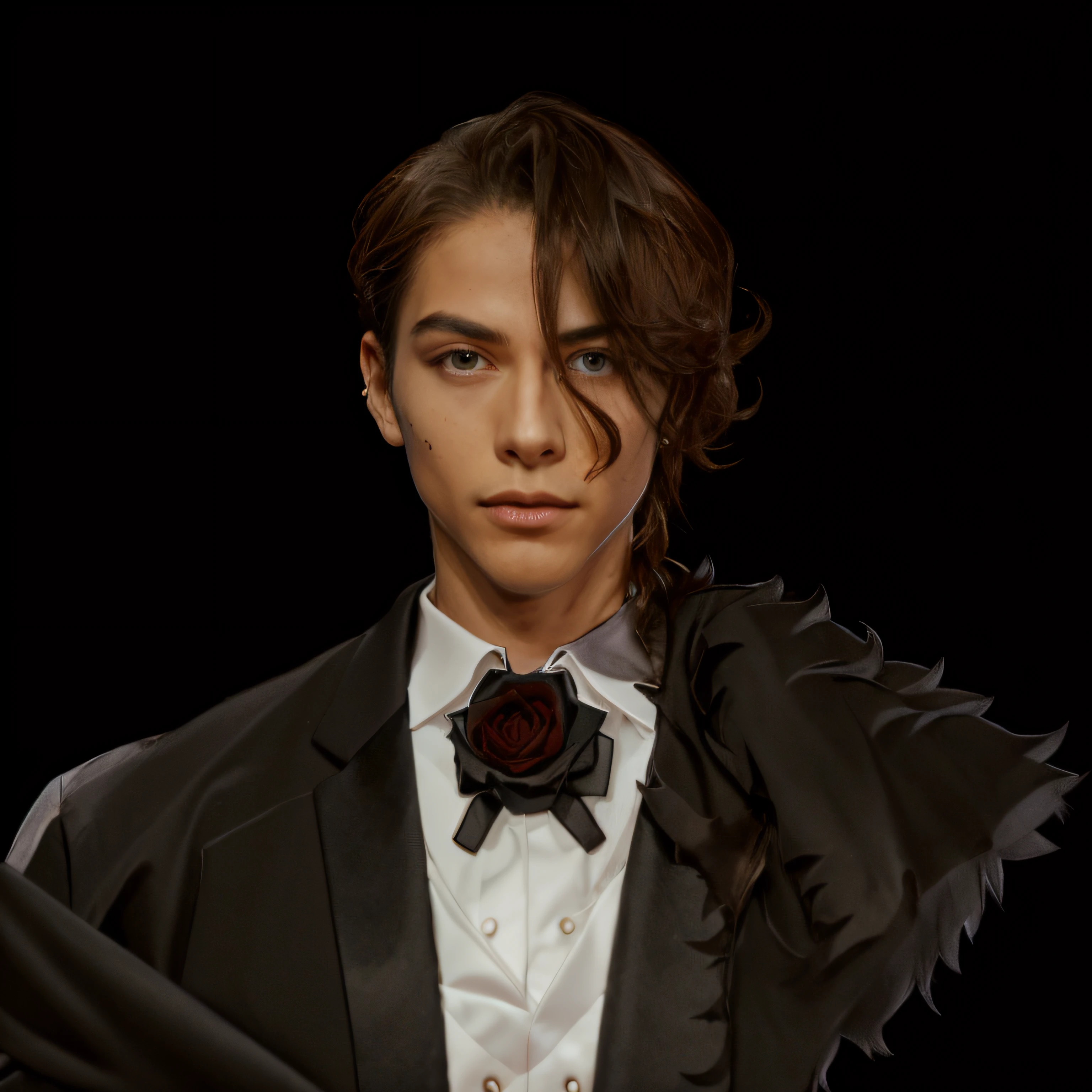 handsome androgynous person, black tuxedo, rose tie, brown hair