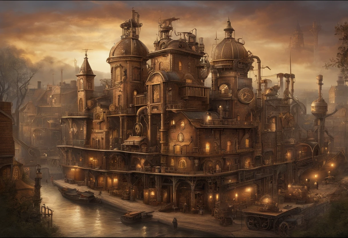Steampunk town,no human,realistic