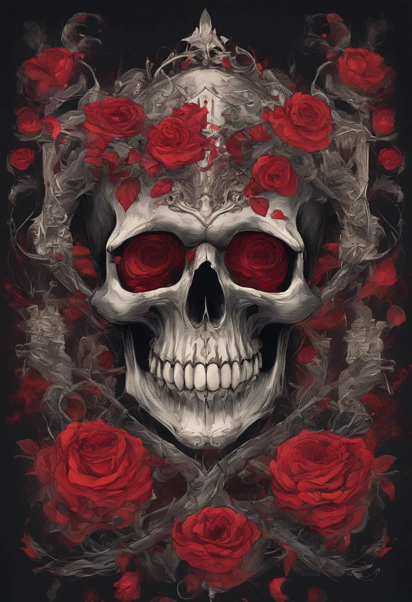 a skull with roses and leaves on its head, skull made of red roses, fantasy skull, arte escura altamente detalhada, sacred skull, 8 k altamente detalhado ❤🔥 🔥 💀 🤖 🚀, death skull, 8k arte detalhada de alta qualidade, Arte digital escura, mas detalhada, adorned with demon skulls, Arte altamente detalhada em 4K, arte digital altamente detalhada, gothic art