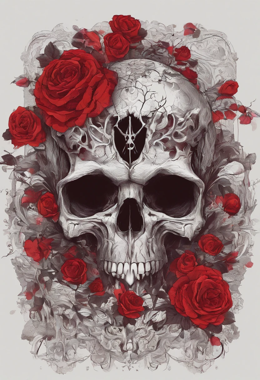 a skull with roses and leaves on its head, skull made of red roses, fantasy skull, arte escura altamente detalhada, sacred skull, 8 k altamente detalhado ❤🔥 🔥 💀 🤖 🚀, death skull, 8k arte detalhada de alta qualidade, Arte digital escura, mas detalhada, adorned with demon skulls, Arte altamente detalhada em 4K, arte digital altamente detalhada, gothic art