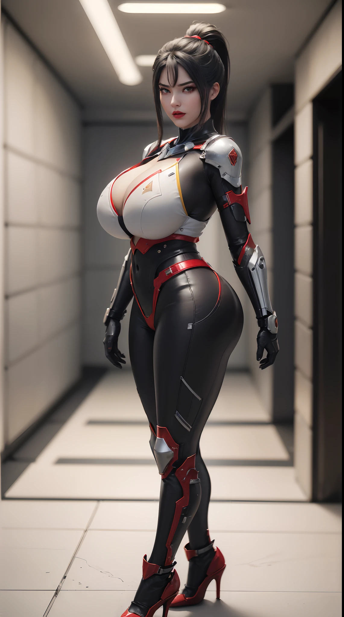 (1GIRL,SOLO:2), (super detailed face), (black hair:1.3), ((BIG BUTTOCKS, HUGE FAKE BREASTS:1.5)), (CLEAVAGE TOP:1.5), (11 LINE ABS FEMALE:1.4), (MECHA GUARD ARM:1.4), ((WEAR RED BLACK OVERWATCH MECHANICAL ARMOR CROP TOP, BLACK MECHANICAL SKINTIGHT SUIT PANTS, MECHA GUARD ARMOR LEGS, HIGH HEELS:1.5)), (LEWD VOLUPTUOUS BODY:1.3), (GLOWING SKIN:0.8), (LONG LEGS, FULL BODY:1.1), (LOOKING AT VIEWER:1.3), (female focus:0.886), (WALKING DOWN HALLWAY OF FUTURISTIC SPACE STATION:1), (BRIGHT LIGHT WHITEROOM:1.3), SUPER TEXTURE, UNREAL ENGINE RENDER, PHYSICALLY-BASED RENDERING, ULTRA HIGHT DEFINITION, 16K, 1080P.