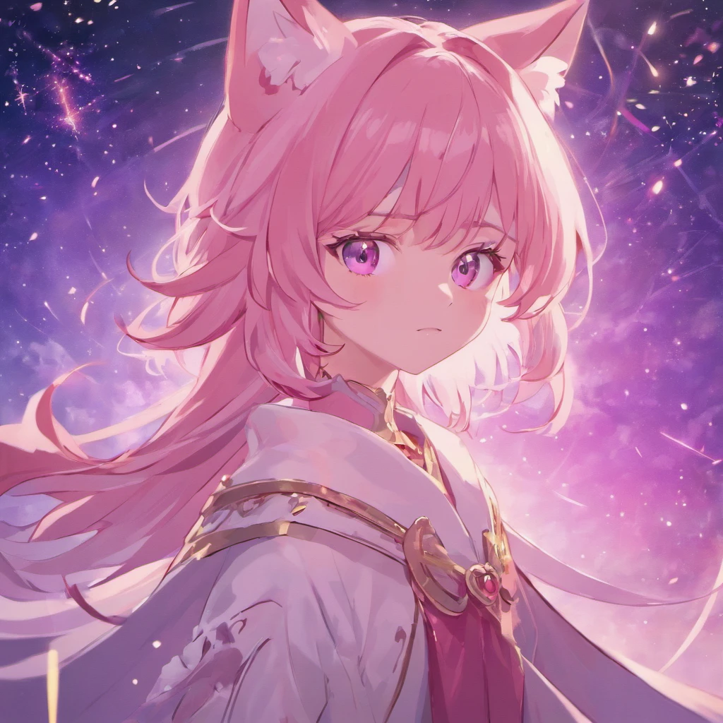 Pink fox anthropomorphism,short detailed hair,Gentle young boy,Complicated details,night sky background,Bright pale pink moon,Starcloud,exquisite costumes,Satin trim,jeweled accents,Pupillary details,Symmetrical pupils,Pupil highlight,Sharpening of details,Shooting stars cross the night sky,Dazzling light,Background bokeh。