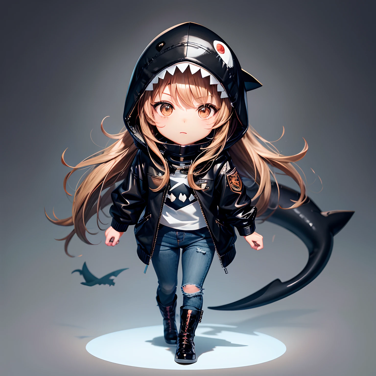 Chibi, ((full body Esbian)), Shark Hat,One girl in black leather raincoat with patch pockets, Wearing jeans, In boots, very long disheveled brown hair, with brown eye,combat pose, estilo chibi, white backgrounid,