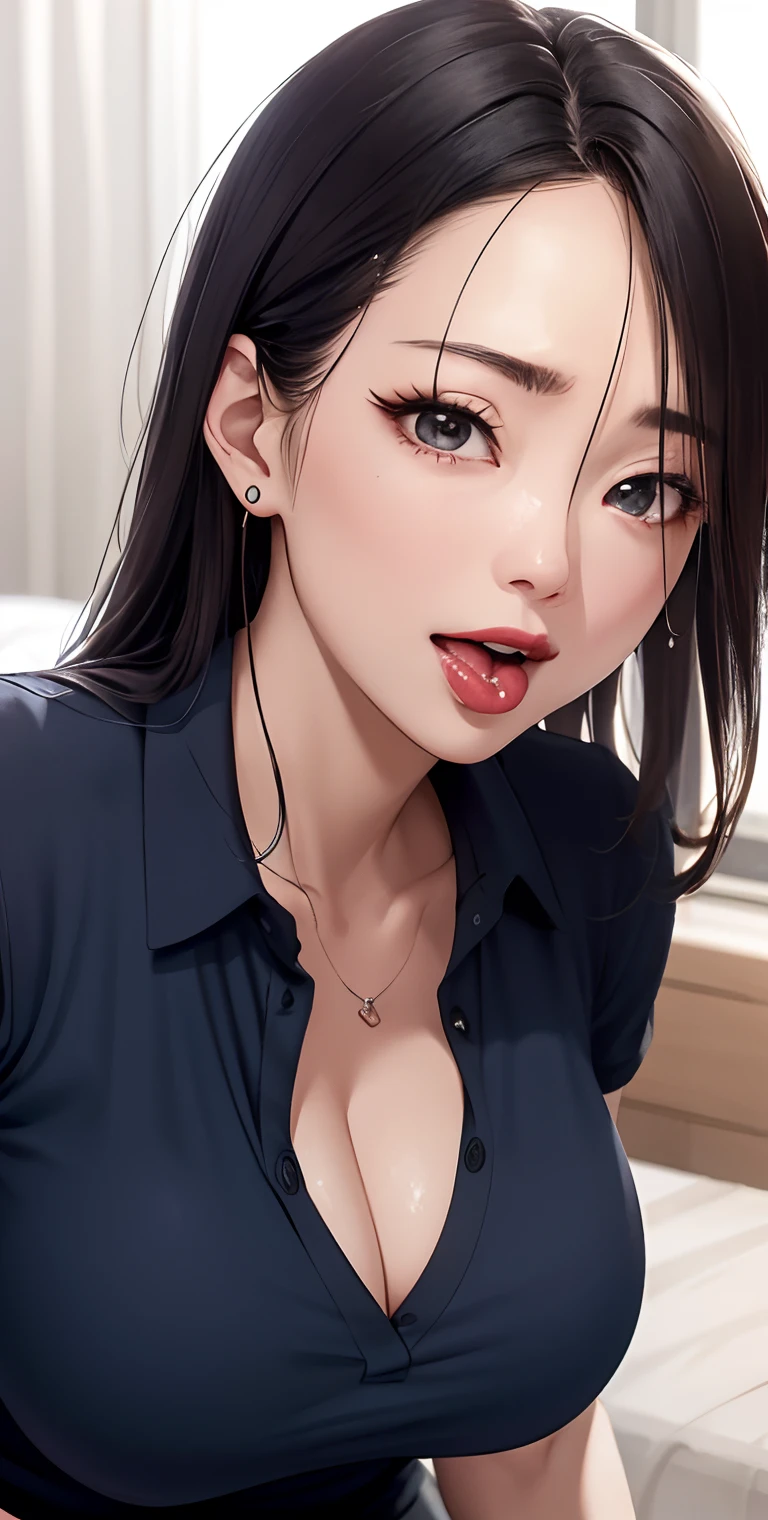 realisticlying、45-year-old girl、Wearing a dark blue polo shirt,Cleavage emphasis、Face enhancement,Chest super large zoom,Cleavage emphasis,Looking up from the bottom,Blackening of hair,Eyes are brown,darkens the skin,African、Blushing,Red lips,A sexy,Bed sit,stick out your tongue and open your mouth wide、Banzai、Wearing underwear,Wrinkles between the eyebrows,Sweaty face