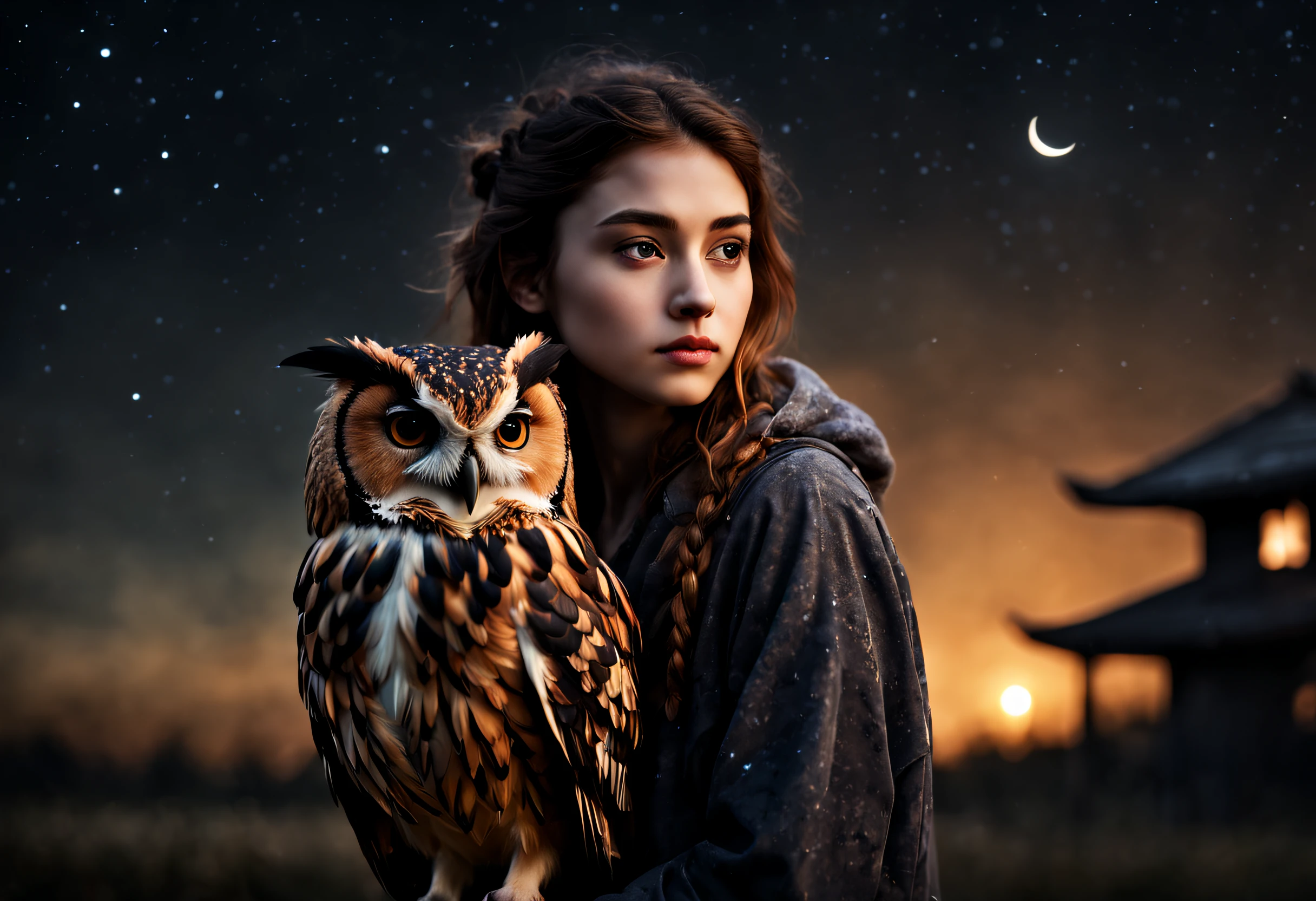 "RAW photo, best, masterpiece, best quality, high quality, extremely detailed, a girl with a rust brown owl with black spots above her shoulder, it is a night with a crescent moon, stars in the sky, cinematic color, scene of a movie, intricate details, best quality, very realistic."