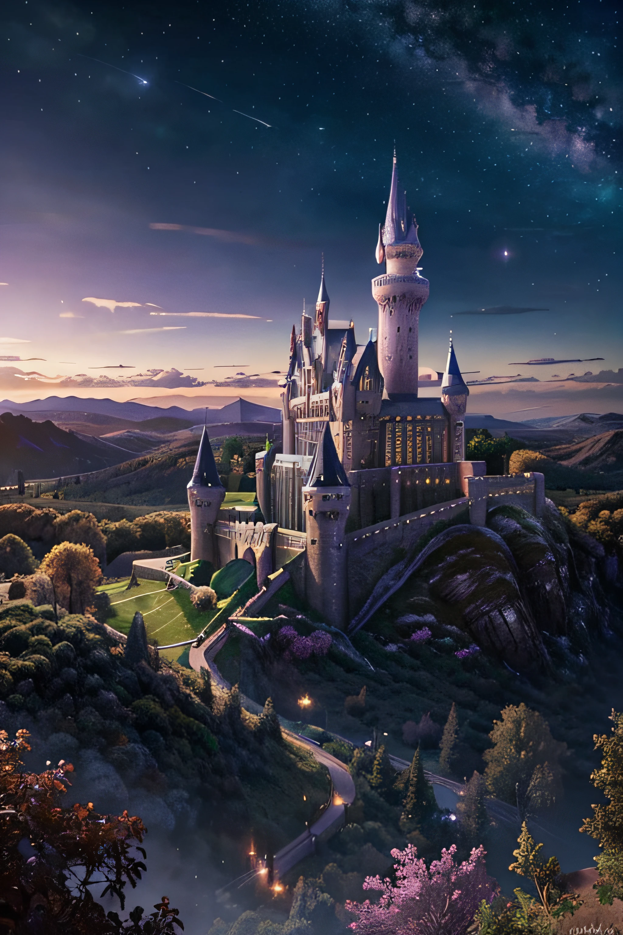 Generate a realistic fantasy landscape with beautiful castle like in the game Hogwarts Legacy. Include interesting fantasy elements with colors that complement the rest of the landscape. The sky should be very detailed. The landscape should very detailed.Cotton candy clouds wisp into beautiful glittering stars across the colorful sky, with mesmerizing pink and purple celestial lights creating an enchanting atmosphere