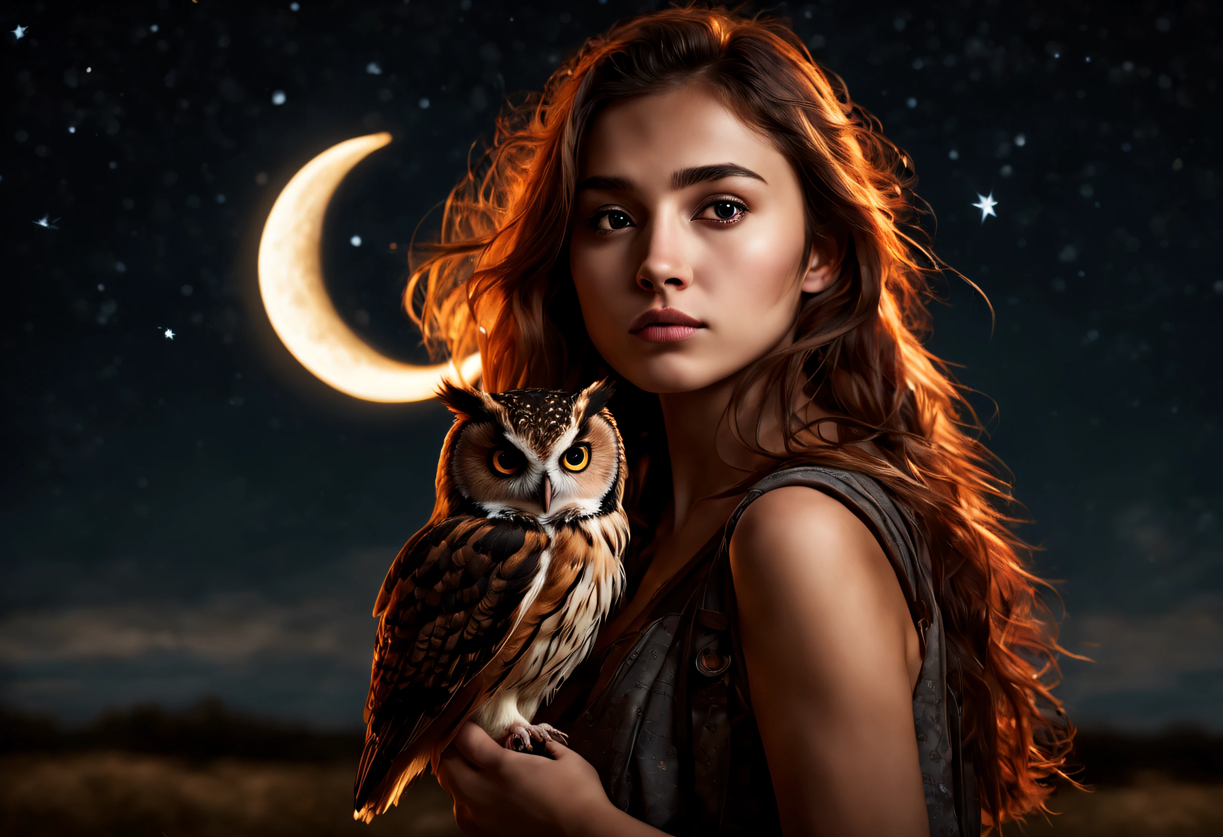 "RAW photo, best, masterpiece, best quality, high quality, extremely detailed, a girl with a rust brown owl with black spots above her shoulder, it is a night with a crescent moon, stars in the sky, cinematic color, scene of a movie, intricate details, best quality, very realistic."