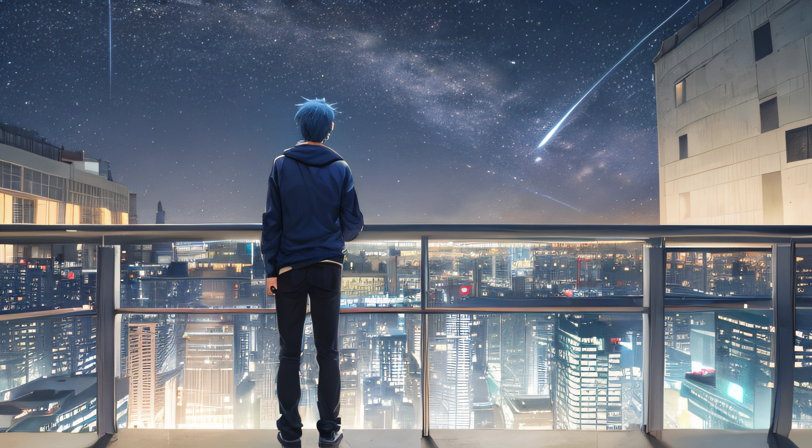 1 boy, handsome, blue hair, blue hoodie, pants, rubber shoes, standing on rooftop, night, stars, shooting stars, back view, sky scenery