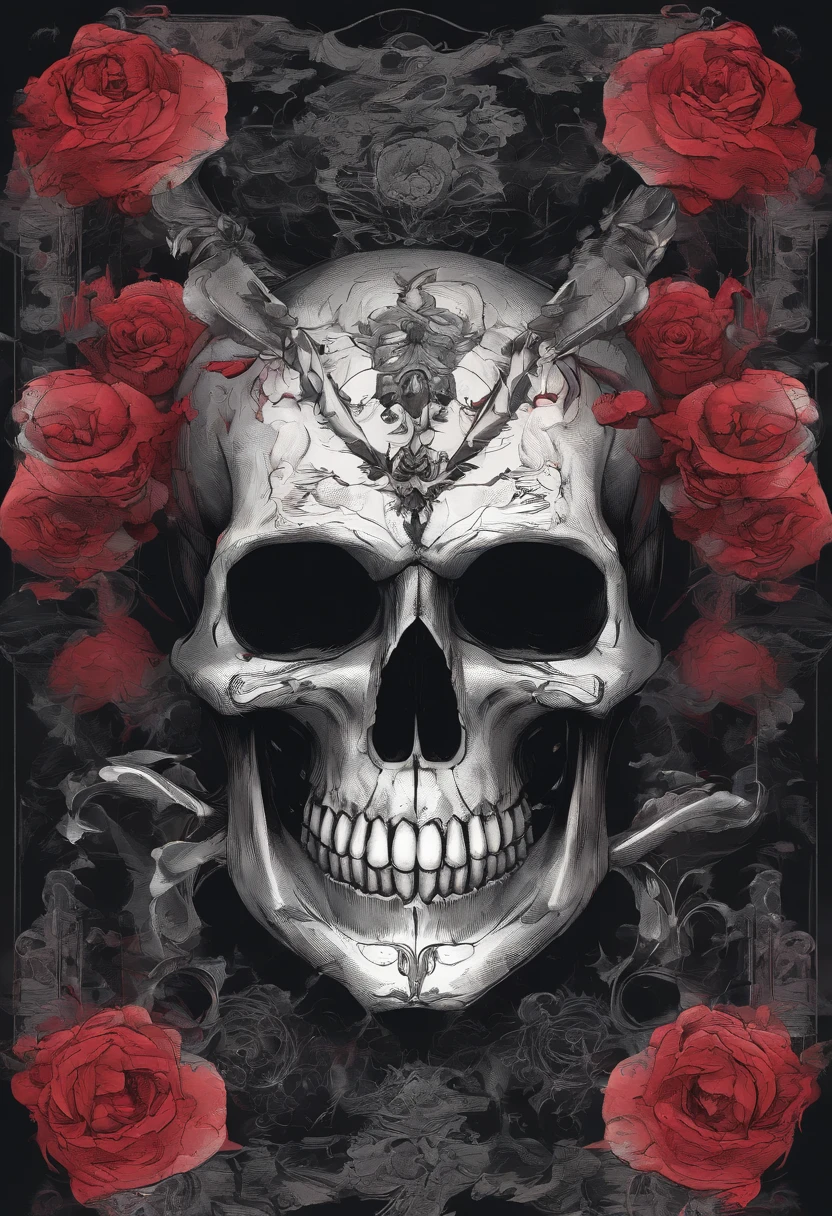 a skull with roses and leaves on its head, skull made of red roses, fantasy skull, arte escura altamente detalhada, sacred skull, 8 k altamente detalhado โค๐ฅ ๐ฅ ๐ ๐ค ๐, death skull, 8k arte detalhada de alta qualidade, Arte digital escura, mas detalhada, adorned with demon skulls,dark backround, Arte altamente detalhada em 4K, arte digital altamente detalhada, gothic art