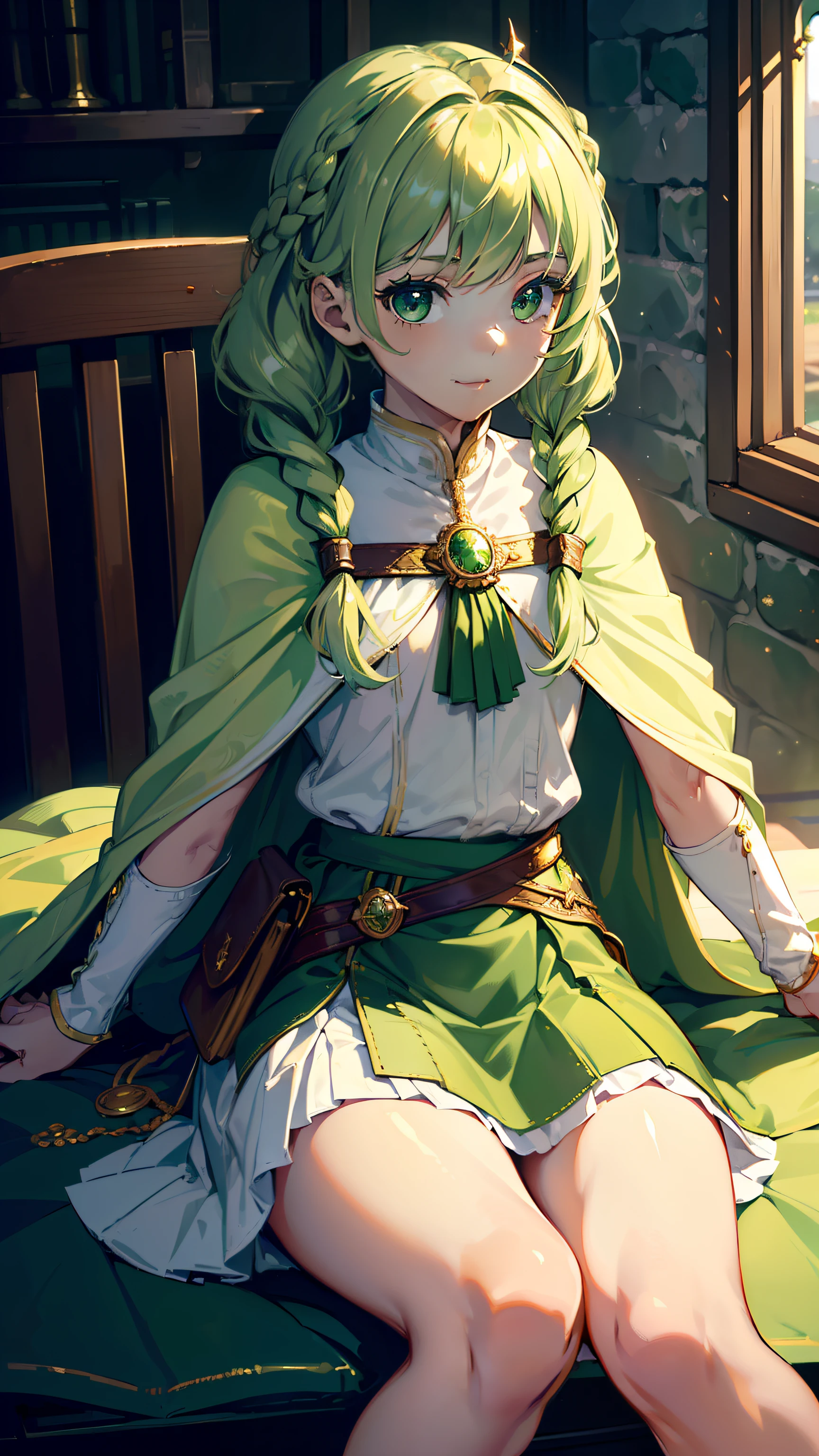 masterpiece, ultra detailed, 8k portrait, RAW photo, portrait photography, highly detailed face, beautiful and meticulous eyes, ((Fantasy)), Young beautiful, , (((drooping eyes))), smile, sitting on chair, (((short wavy light green hair))), ((braided twin tail)), parted bangs, White skin color, Luxury, (((white tunic and skirt))), (((green cape))), (((golden brooch))), (((little waist hip pouch))), high cut leather boots, Midday Sun, hyper realistic, slender body, flat chest, Long legs, in the medieval magic classroom, Ambient lighting, Shadow details , Camera focus on face, strong breeze, Light fog