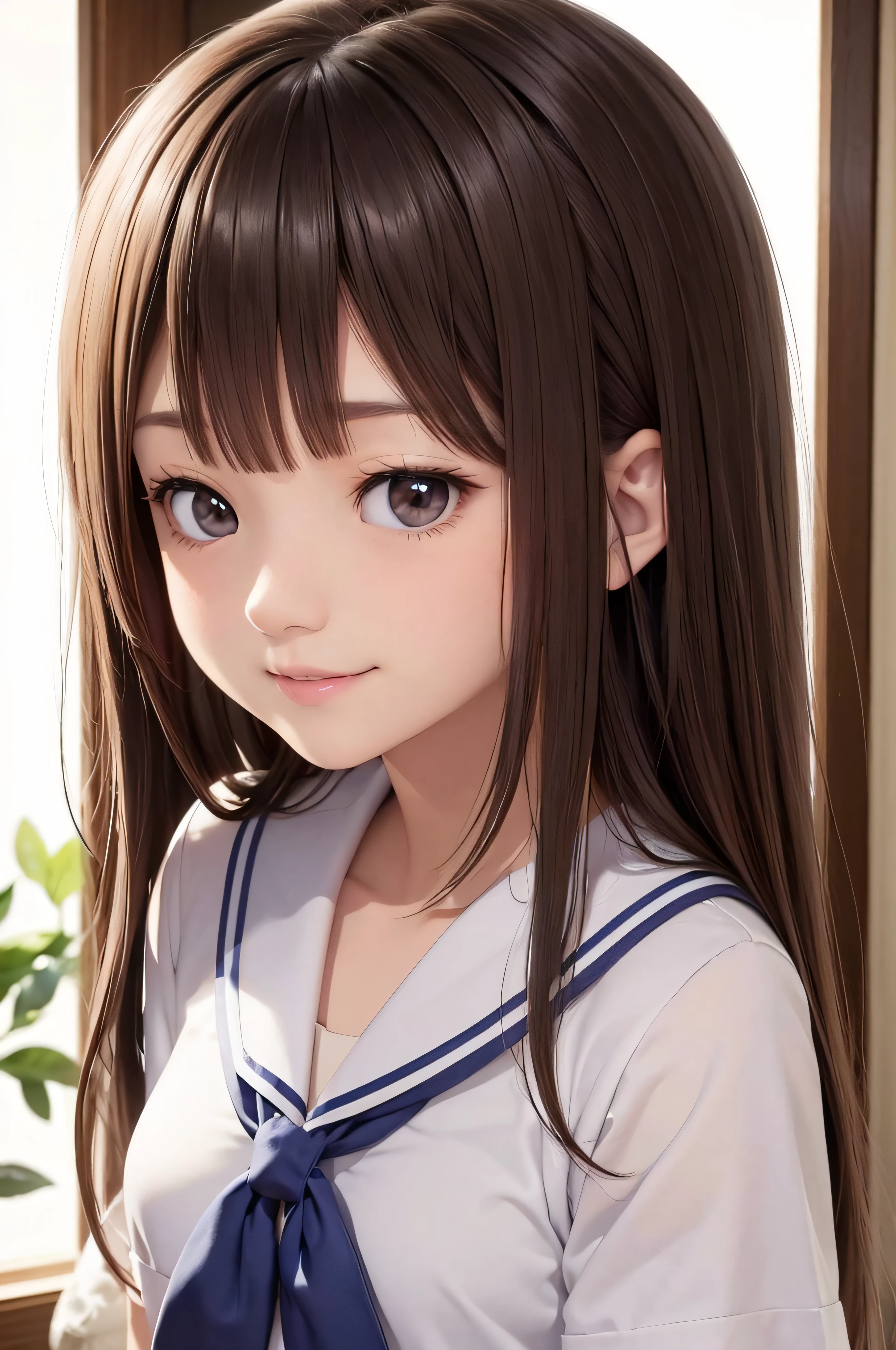 17 age、brown haired、beautidful eyes、real looking skin、hi-school girl、a sailor suit、small tits、(8K、​masterpiece)、(reallistic、Photorealsitic)、top-quality、ighly detailed、The ultra-detailliert、Beautie、cute little、japanes、Idol、a smile、Close-up portrait、Healthy face