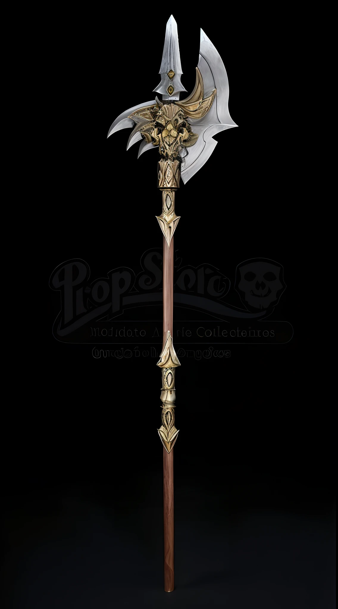 a close up of a wooden and metal axe with a dragon head, medievil spear, golden art nouveau scythe blade, skull cane, polearm, magic wooden staff, intricate fantasy spear, polearm glaive, fantasy scythe, wooden staff, small style cue from mad max, bone scepter, realistic lance, long trunk holding a wand