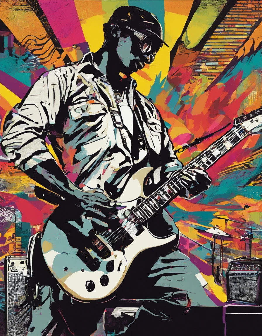 Banda de Rock. Guitarrista Negro, Fino, Cabelos pretos e, In love with his black and white electric guitar. Tocando em um palco profissional com luzes, nevoeiro, Telas e pirotecnia. super realista , profesional lighting,