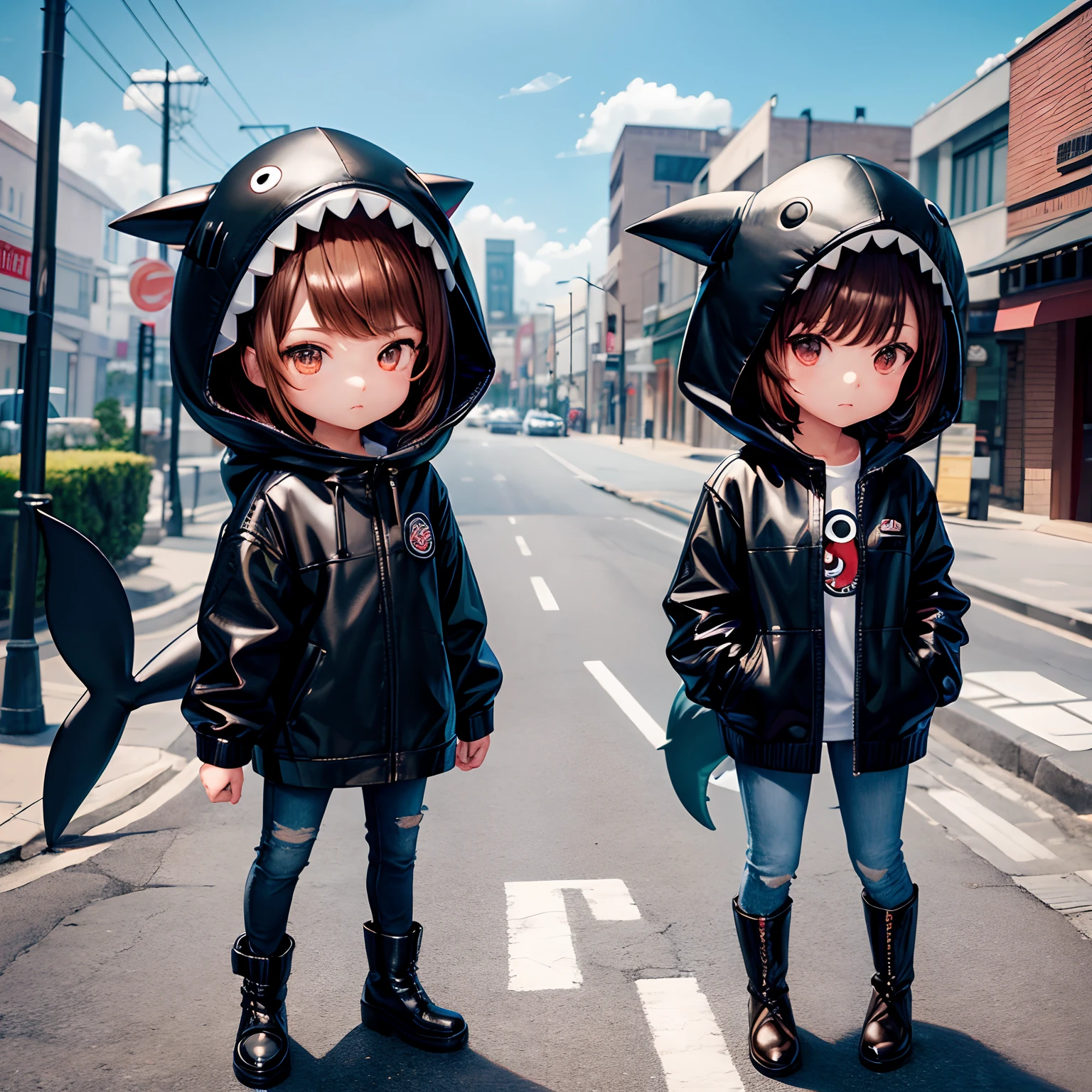 Chibi, ((full body Esbian)), Shark Hat,One girl in black leather raincoat with patch pockets, Wearing jeans, In boots,brown haired, Hairstyle Bob,with brown eye,combat pose, estilo chibi, white backgrounid,