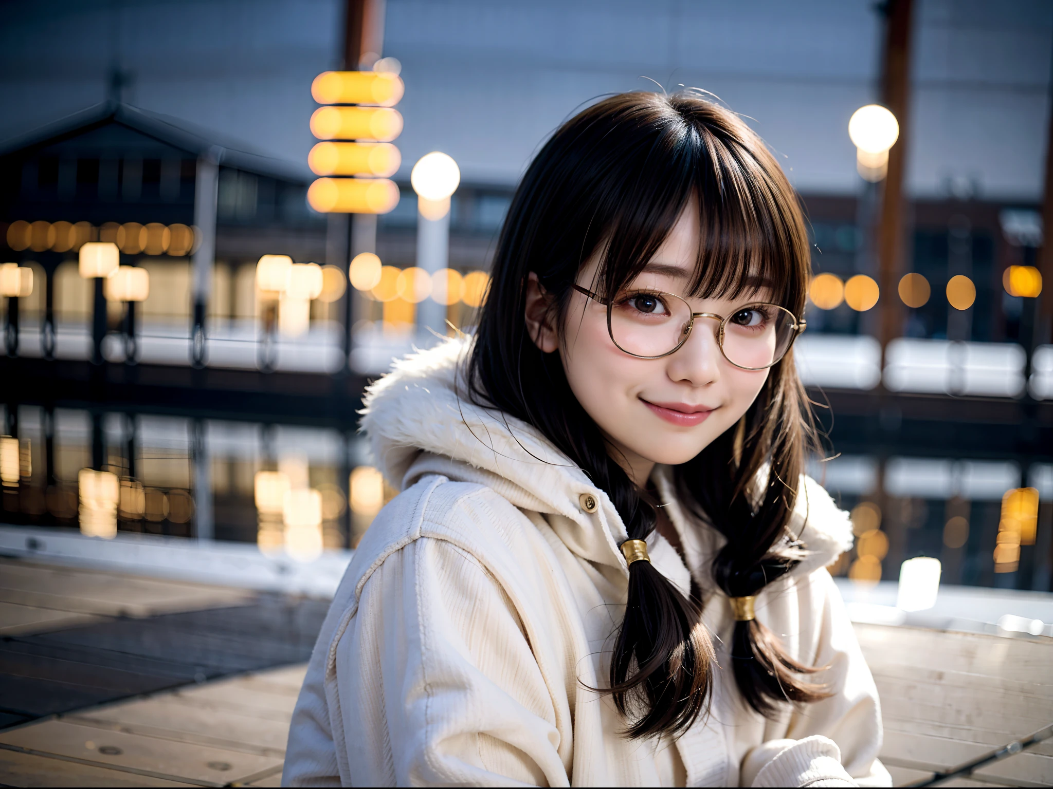Woman posing in long coat in Japan city in midwinter、top-quality、女の子 1 人、Small chest、tag、with light glowing、blur backgroun、Bokeh、outside of house、(Street:0.8)、Woman with glasses、Glasses with a thin frame、Round lens glasses、Thin golden glasses frame、、Luxury(Short hair、Forehead:1.2)、snowscape、Beautiful sky with details、(dynamicposes:1.2)、 (The upper part of the body:0.5)、Soft lighting、the wind、glowy skin、A smile、Long coat over sweater