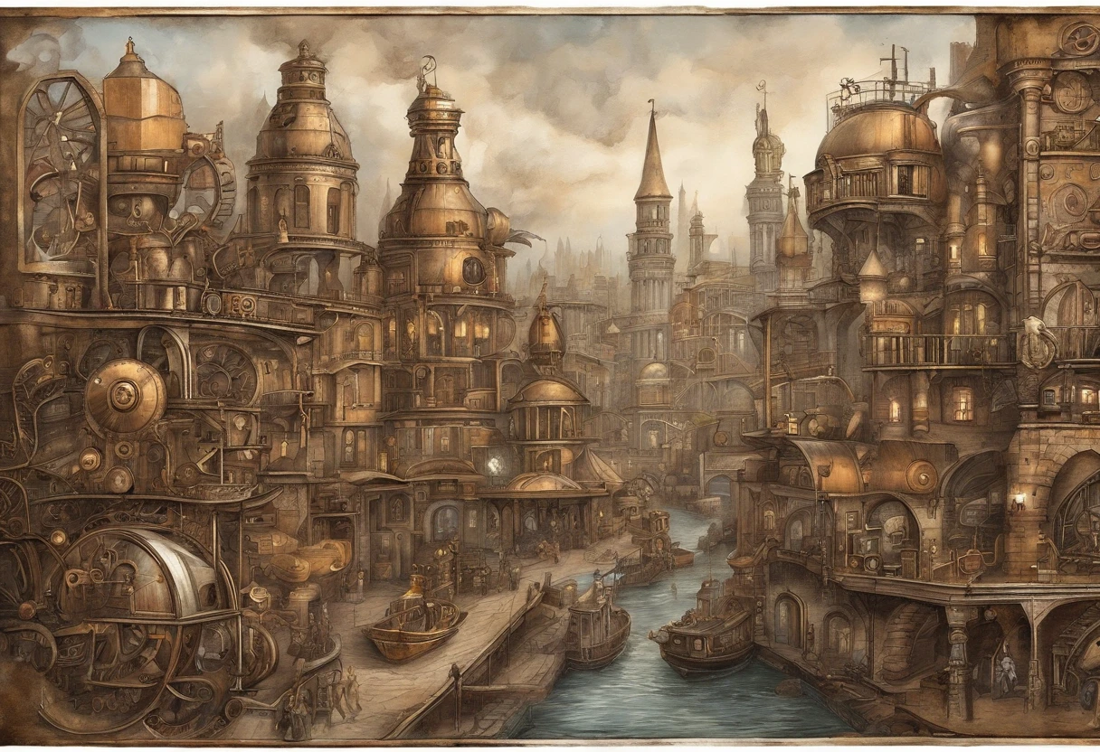 Steampunk town,no human,realistic cityscape