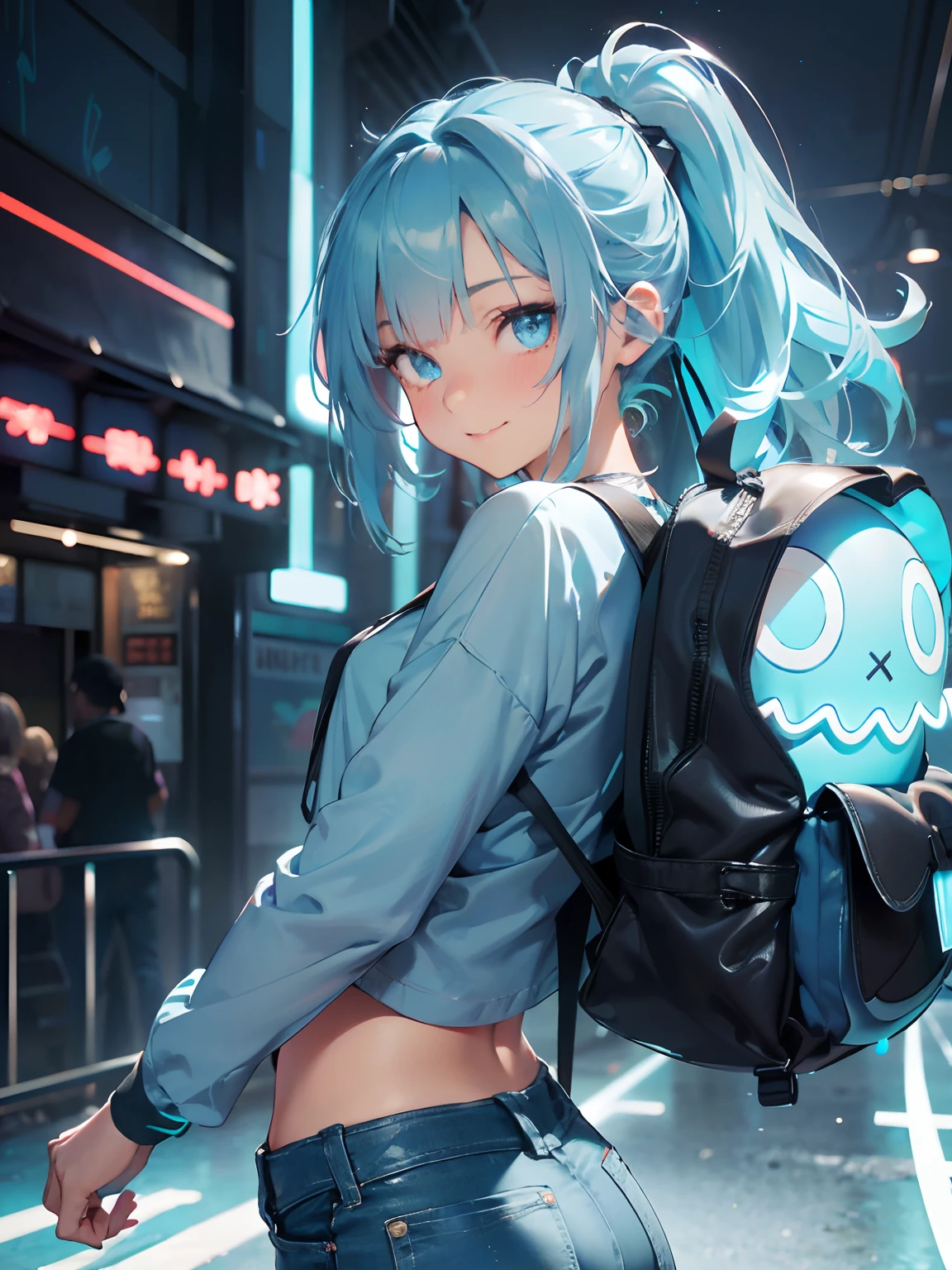 1girl , a 17 yo girl , 17 years old , super adorable , full head ,(Upper Body : (small breasts) , Skinny ) , ((tmasterpiece)) , (Very detailed CG unity 8K wallpaper) , best qualtiy , cinmatic lighting , (hi-top fade:1.3) , dark themed , Muted Tones , Subdued Color , highly contrast , (natural skin textures , Hyper-Realism , Soft light , sharp) , (Hair : (Light Cyan Hair:1.5) , (shoulder-length hair) , ponytail , ) , (Cetacean Blue eyes:1.5) , beatiful detailed eyes , (Bright eyes:1.5) , (Very fine and beautiful) , (Beautiful and detailed eye description) , ( Background : (Amusement park at night Background) ) , Blur Background , (Wearing : (Jordy Blue Long-Sleeve Plain Cropped Shirt :1.5) , (Neon blue Backpack:1.5) , Periwinkle Big Shape Jeans , Light cyan Furry Strapped Combat Bootie Boots , Cornflower blue (Calvin Klein underwear) ) , upper body shot , random view ,(Joyful Emotion:1.5) , Happy expression , (Pose : random pose , smile shy ) , (hair covers one eye : 1.5)