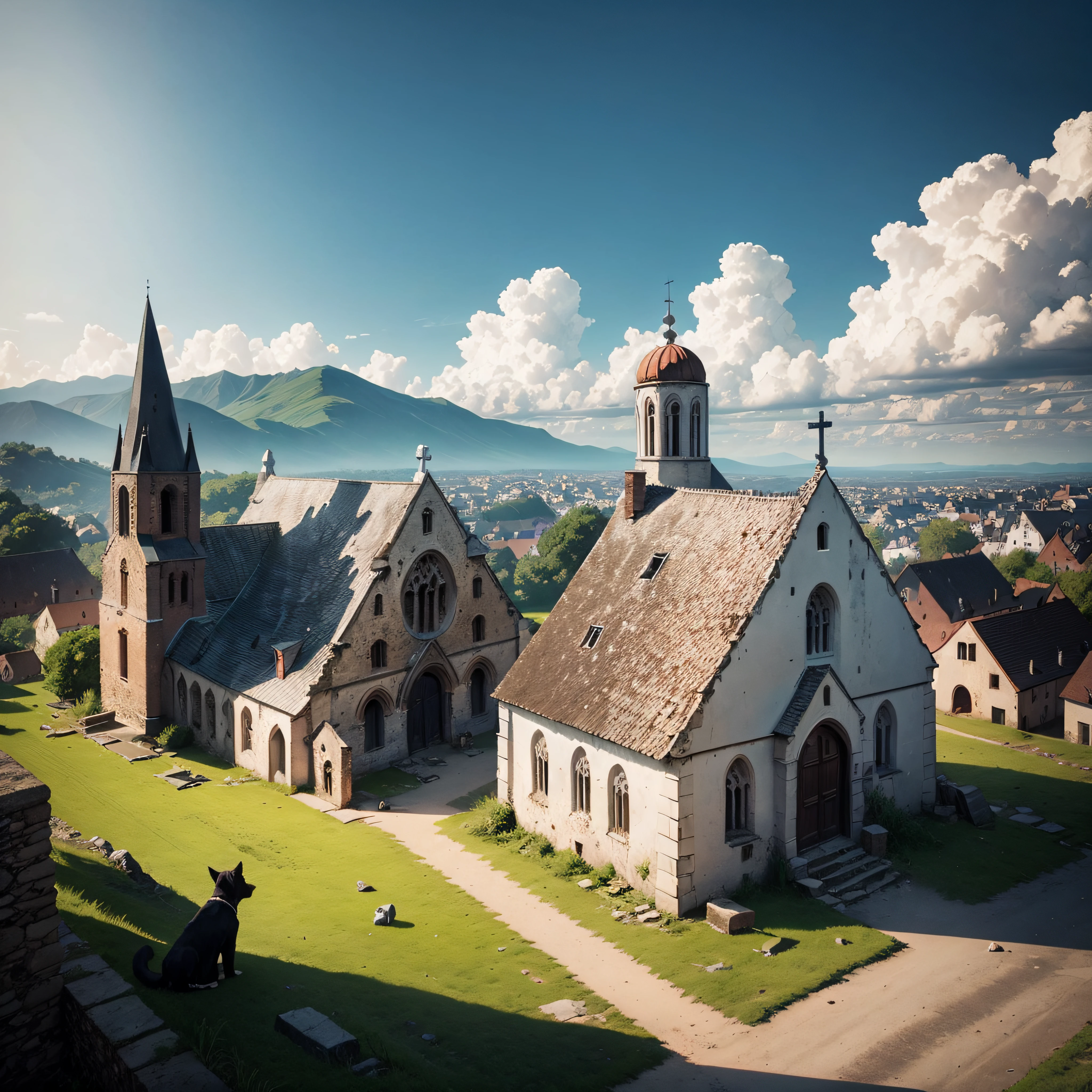 ruined village, half-destroyed church in the village, a lonely dog, fire on the houses, a huge demon sitting on the tower of the church. --auto