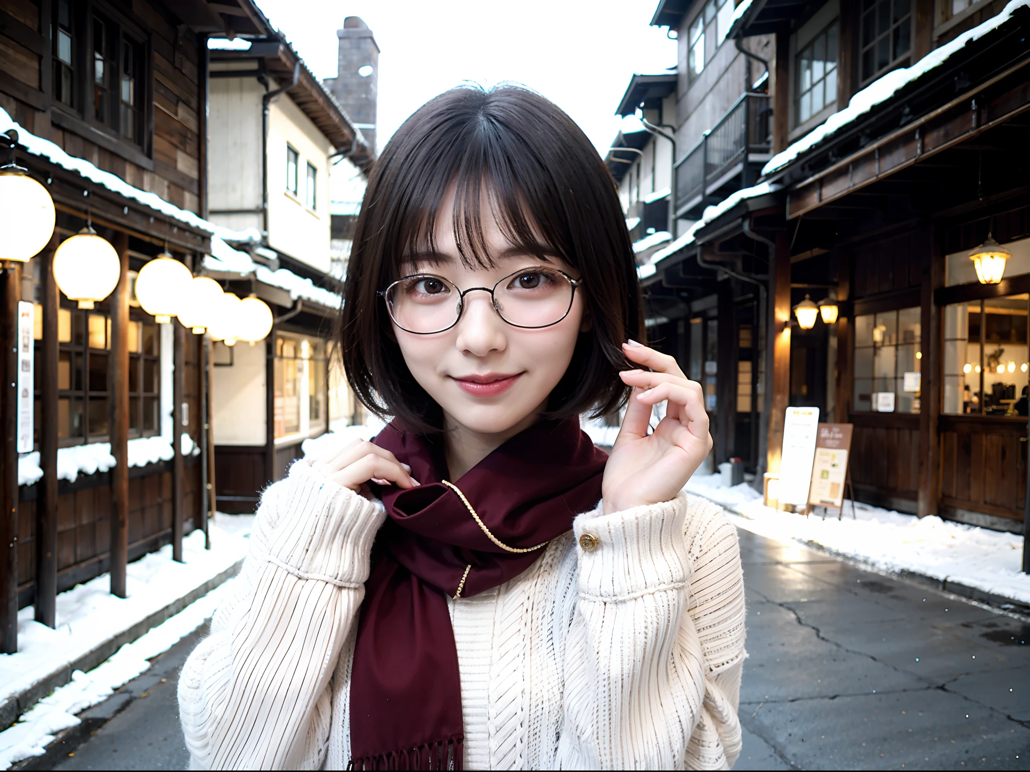 Woman posing in long coat in Japan city in midwinter、She wears a red scarf around her neck、top-quality、 1 人、Small chest、tag、with light glowing、blur backgroun、Bokeh、outside of house、(Street:0.8)、Woman with glasses、Glasses with a thin frame、Round lens glasses、Thin golden glasses frame、、Luxury(Short hair、Forehead:1.2)、snowscape、Beautiful sky with details、(dynamicposes:1.2)、 (The upper part of the body:0.5)、Soft lighting、the wind、glowy skin、A smile、Long coat over sweater