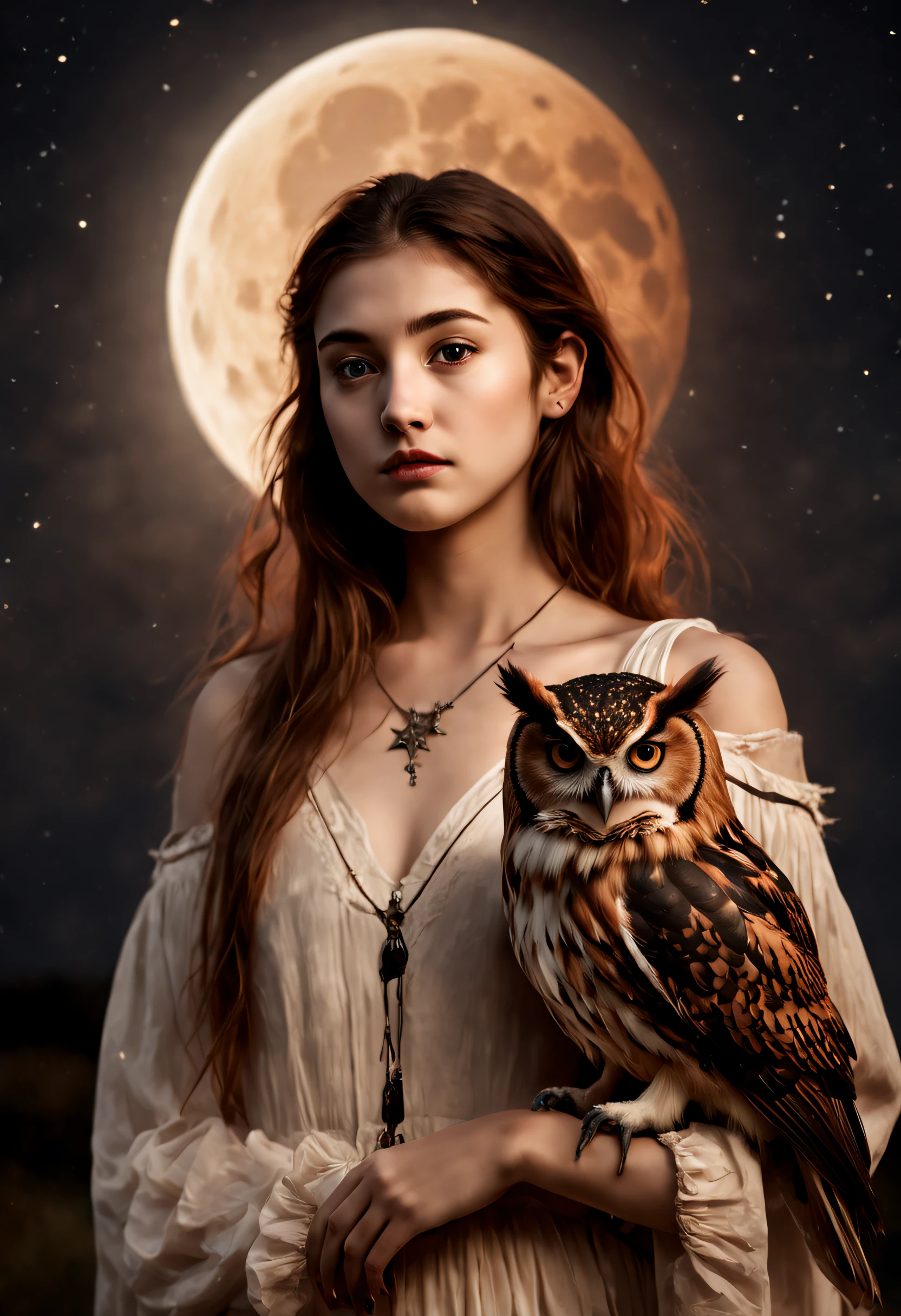 "RAW photo, best, masterpiece, best quality, high quality, extremely detailed, a girl with a rust brown owl with black spots above her shoulder, it is a night with a crescent moon, stars in the sky, cinematic color, scene of a movie, intricate details, best quality, very realistic."