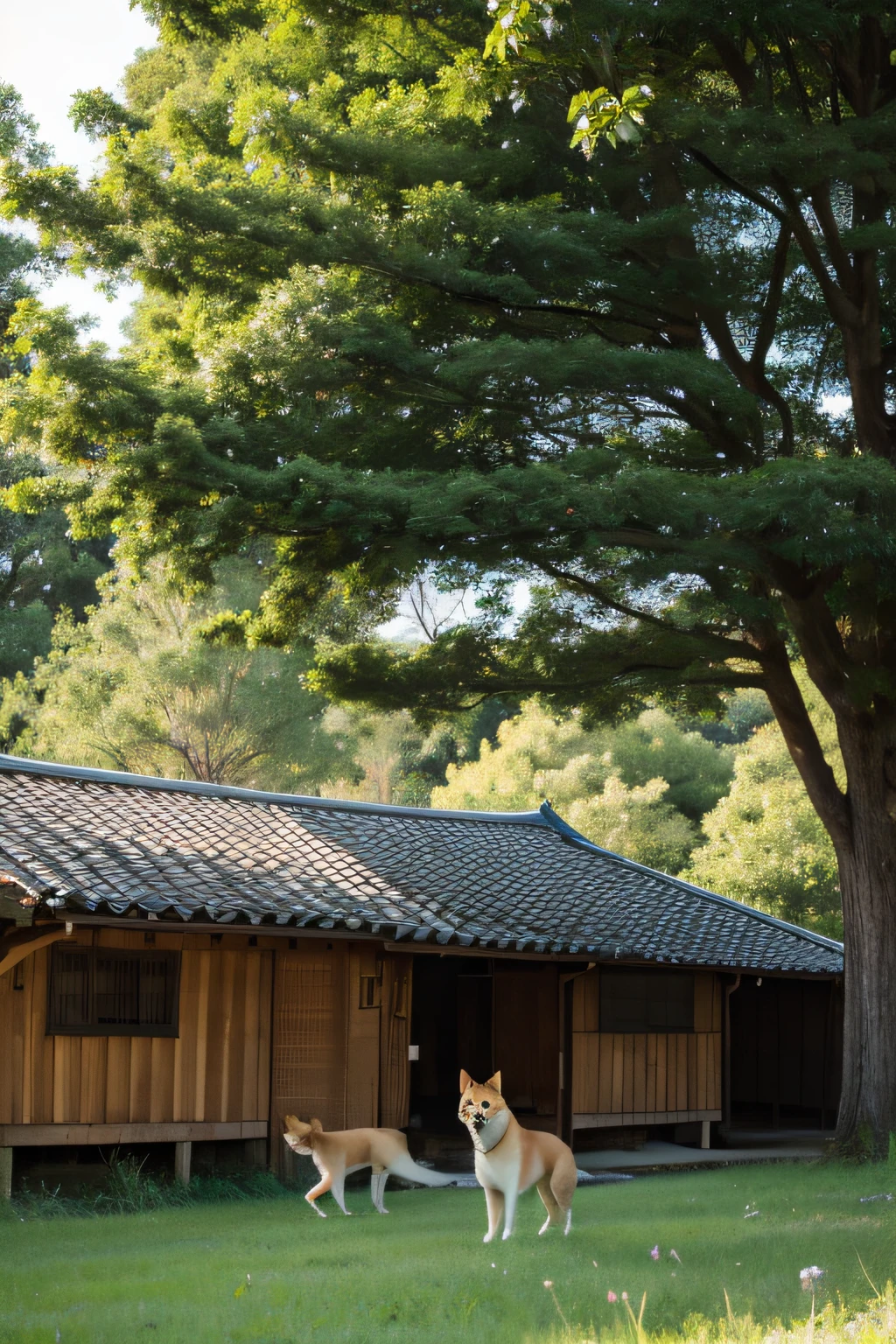 Shiba dog，big trees，NOhumans，idyllic，Countryside