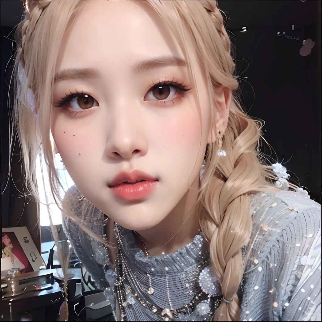 A closeup of a woman with a braid in a silver dress, Parque Roseanne do Blackpink, jossi do blackpink, Retrato de Jossi de Blackpink, wan adorable korean face, Dom Yunjoo, Heonhwa Choe, Gongbi, 韓国アイドル, maquiagem sul-coreana popular, Cl, Portrait of female Korean idol, glowing peach face, Jinyoung Canela