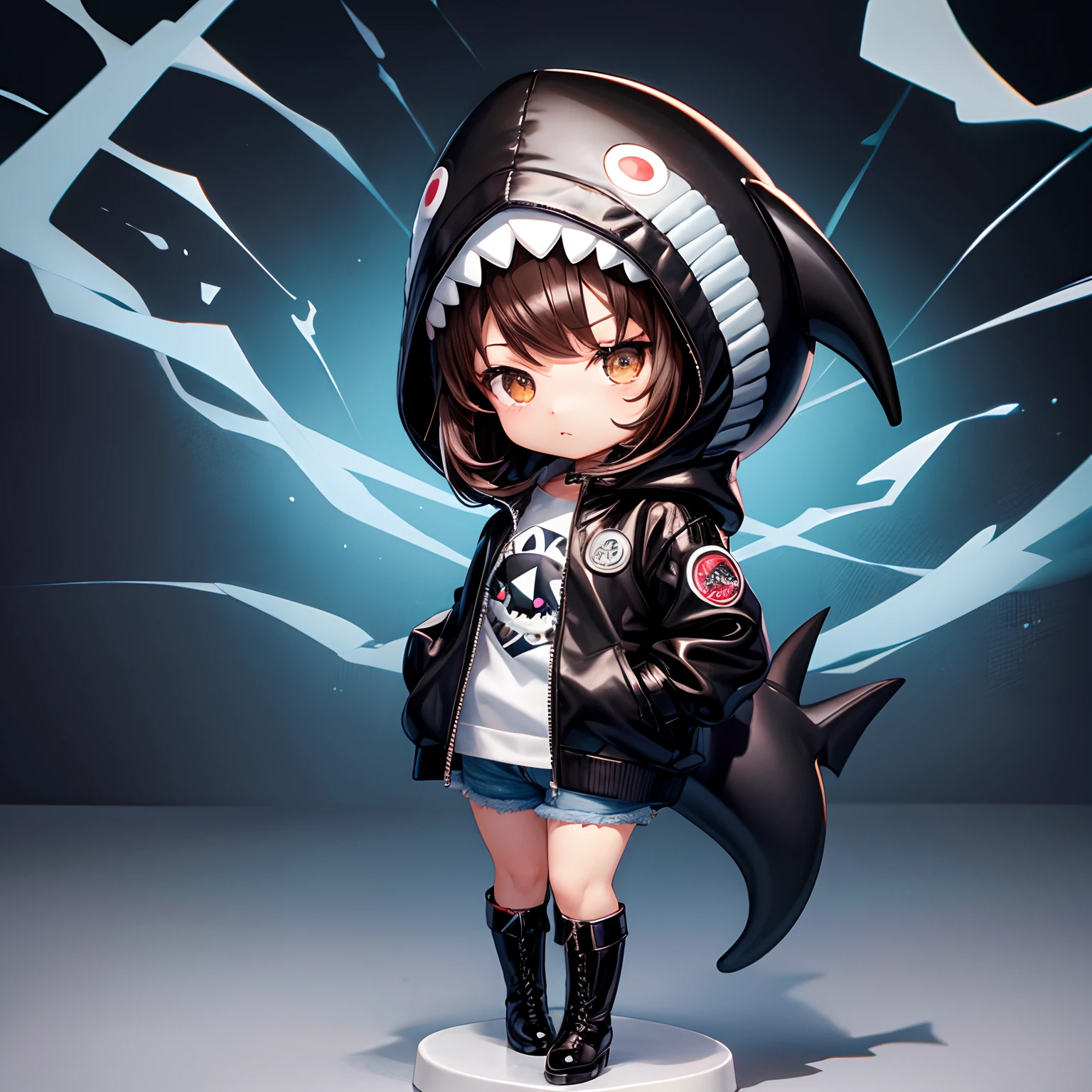 nendoroid,Chibi, ((full body Esbian)), Shark Hat,One girl in black leather raincoat with patch pockets, Wearing jeans, In boots,brown haired, Hairstyle Bob,with brown eye,combat pose, estilo chibi, white backgrounid,