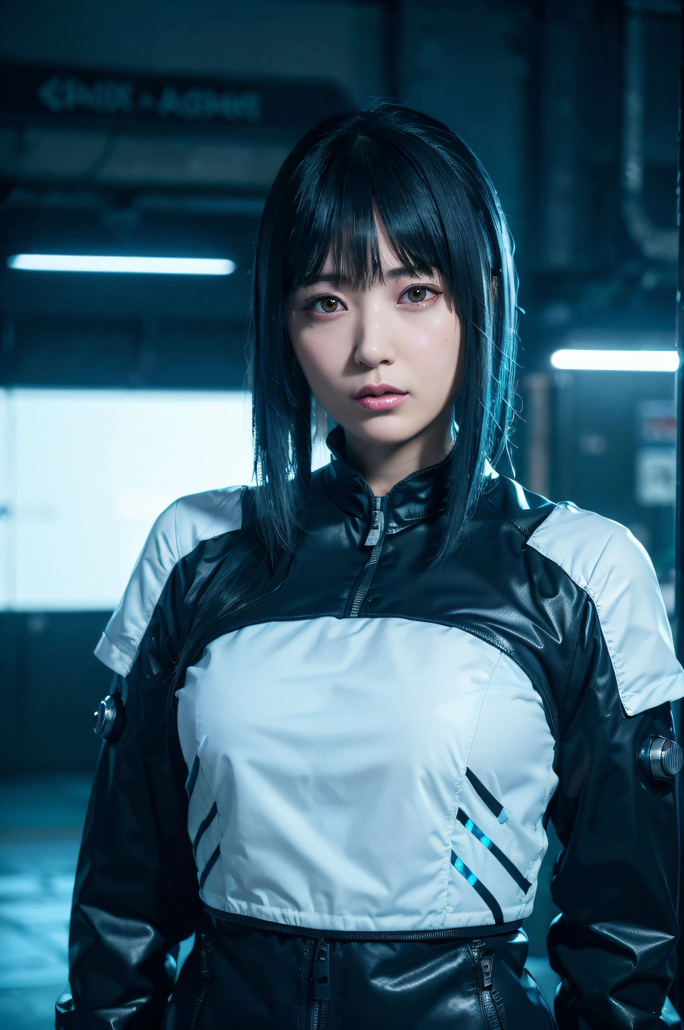 ((top-quality)), ((​masterpiece)), (detailliert: 1.4), 。.。.3D, Bruna Marquezin as the image of a beautiful cyberpunk woman, Blue hair color, huge tit, nffsw (High dynamic range), Ray tracing, NVIDIA RTX, Hyper-Resolution, Unreal 5,And the underground is scattered, PBR Texture, Post-processing, Anisotropy Filtering, depth of fields, Maximum clarity and sharpness, Multilayer Texture, Albedo e mapas Speculares, Surface Shading, accurate simulation of light and material interactions, perfectly proportions, octan render, Two-tone lighting, Large aperture, ISO Law, White Balance, 8K gloss,  ::Futuristic cyberpunk style, Realistic style, ::n_digital-painting style, neon light