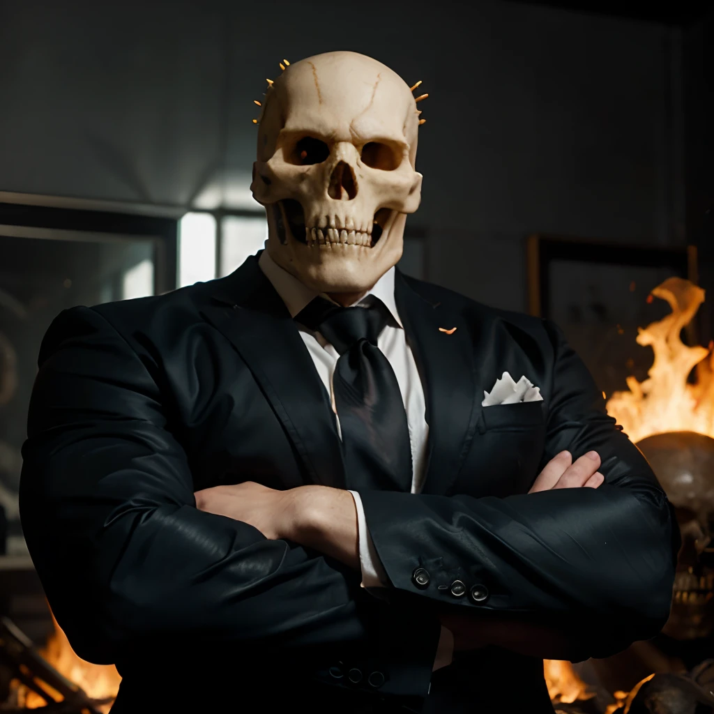 Ghost rider , muscled with huge pecs , hugge torso , huge arms , with a skull head like with fire , in suit with a tie ans spikes