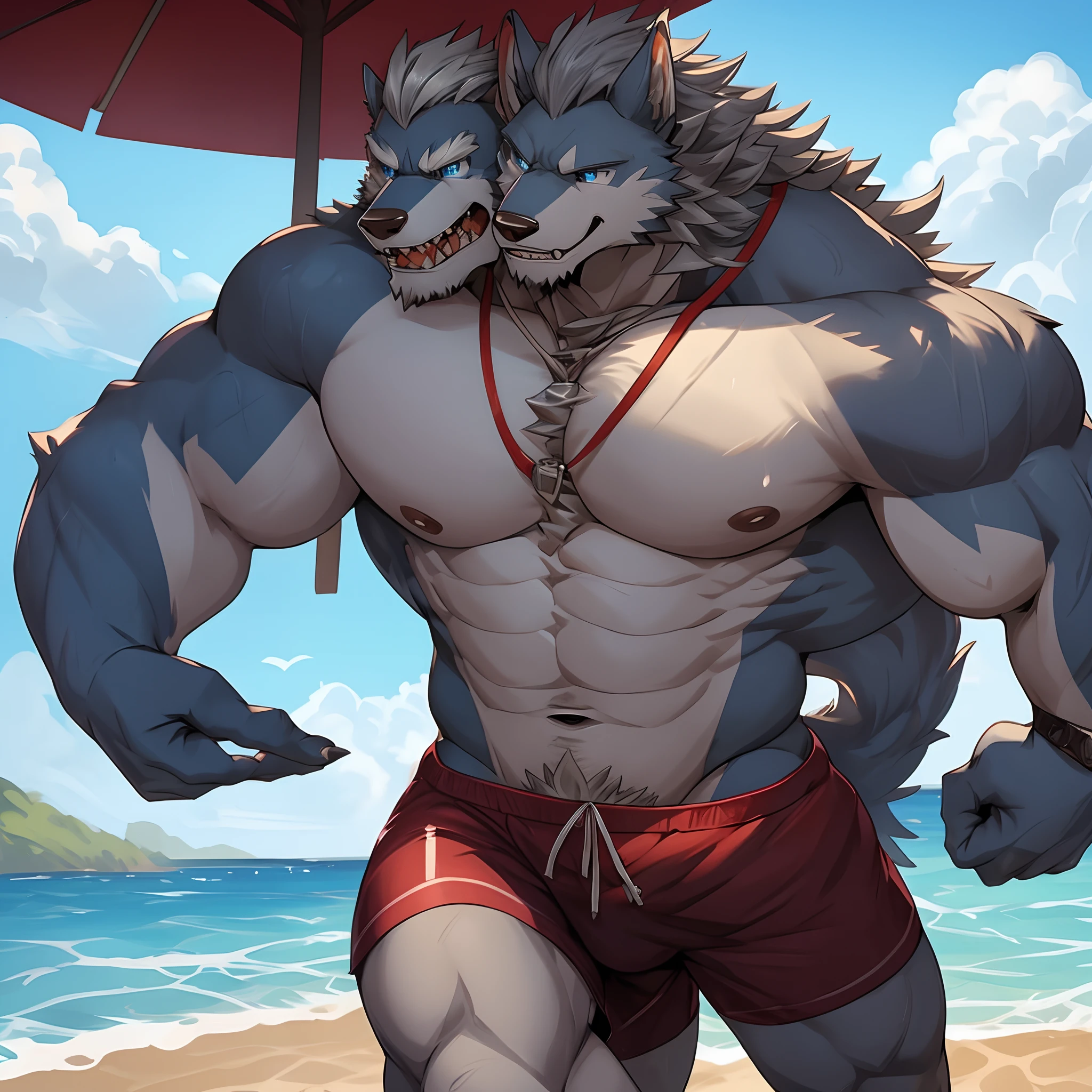 Wolf orcs，male people，burly build。Silver-gray hair covers the whole body。blue color eyes。,Sharp teeth，Neatness。At this time he was wearing swimming trunks，playing on the beach