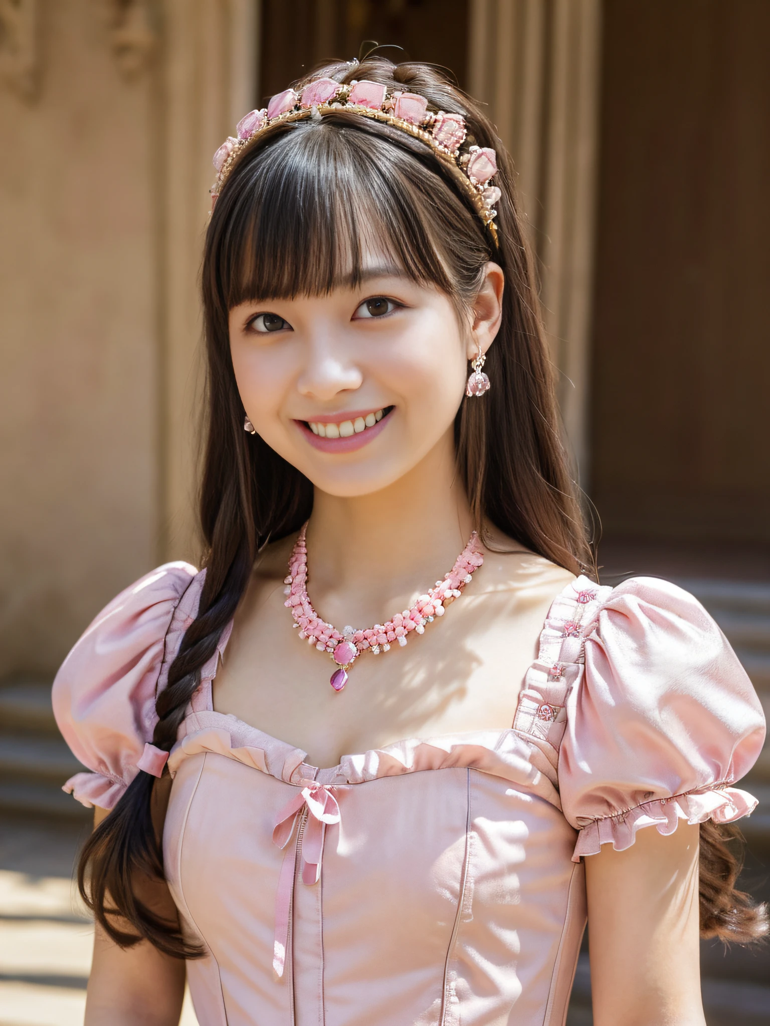 (Realistic, photographrealistic:1.4), ((Best Quality))、(Show panties:1.3), beautiful faces detailed, Real Human Skin, Gentle expression,、Realistic, Photorealistic, Cute, Cute Japan , (Whole body:1.2),Happy smile, Natural smile, A charming smile, seducting smile, (Looking at Viewer:1.25),(Precise body:1.3)、slightly brighter eyes、(decolletage:1.25)、(I can't see the inner shirt)、(Gothic lolita:1.4)、(Luxurious pink Lolita dress:1.4)、(corsets:1.25)、(Western castles:1.3)、Detailed headdress、(Very luxurious accessories:1.3)、(Very luxurious necklace:1.25)、(Very luxurious earrings:1.25)、(A Princess:1.3)
