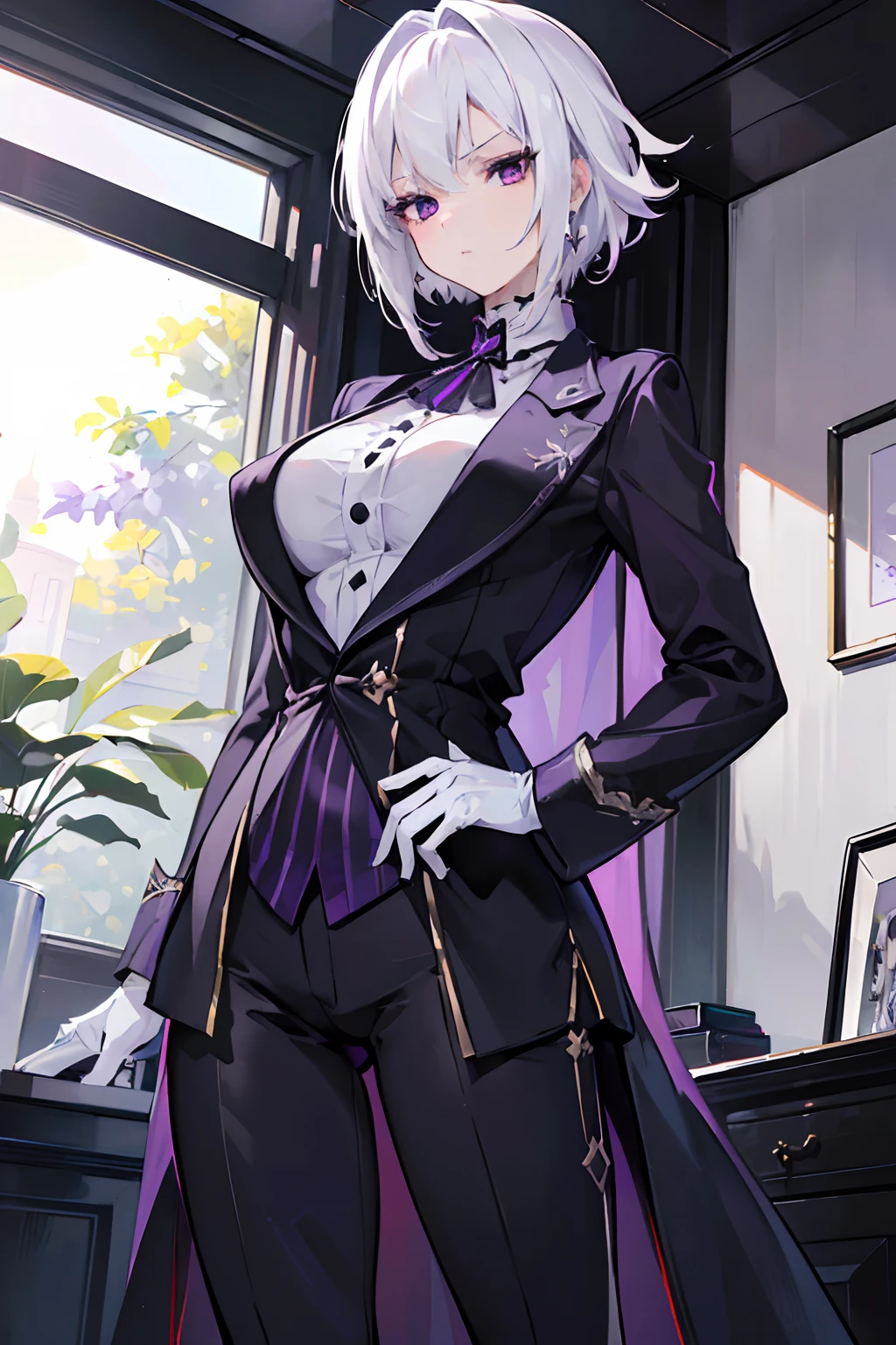 (masterpiece, best quality:1.2), illustration, 8k, hd, 1girl, solo, (((white hair, purple eyes,))) black coat, large breasts, black pants, short hair, indoors, arle suit, serious expression, tall, mature, elegant, black gloves