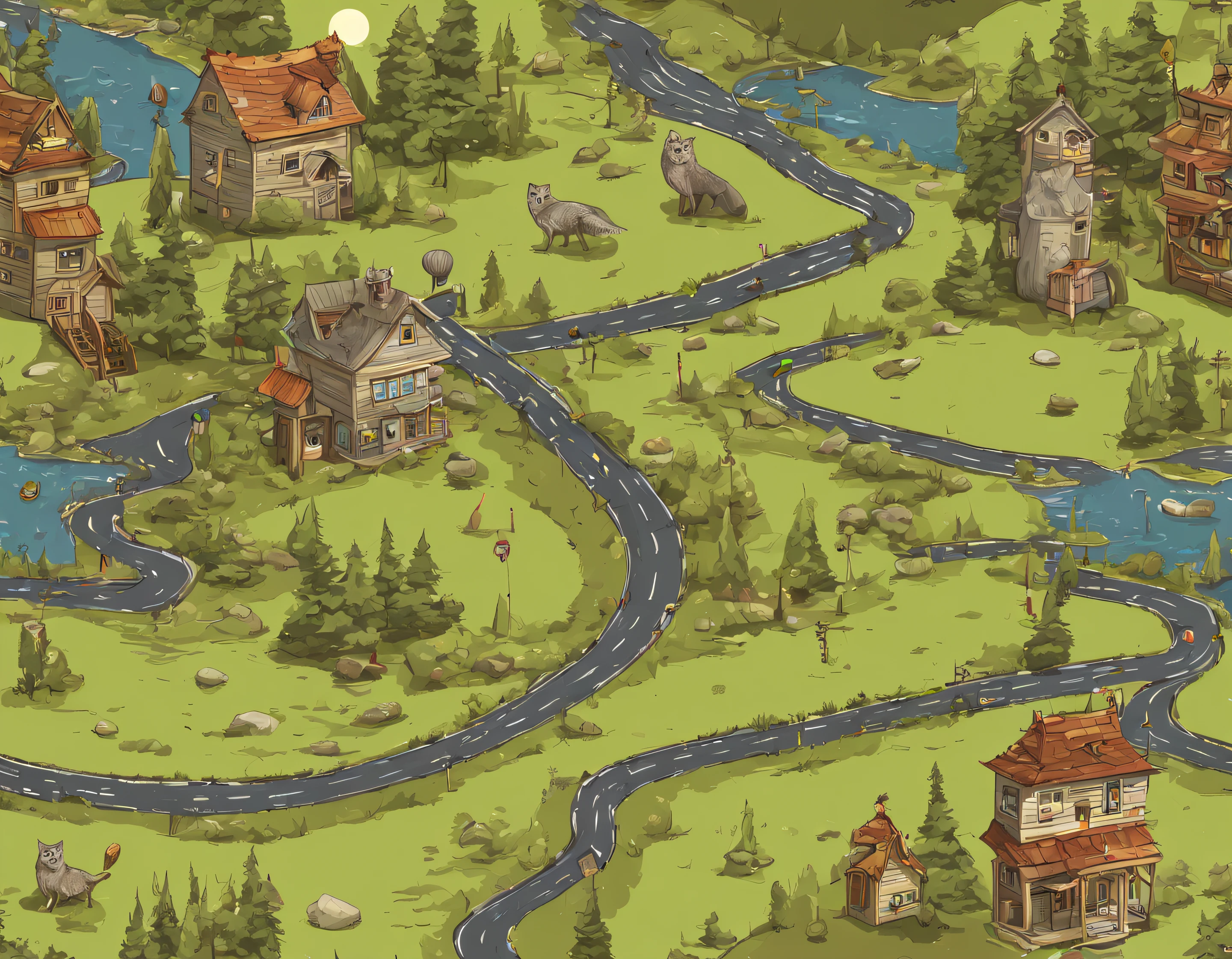 2D Playing Field, Vector, Wolf and Owls, Multiple Roads from a Single Point, higly detailed, Cartoonishness, Masterpiece quality, Grain